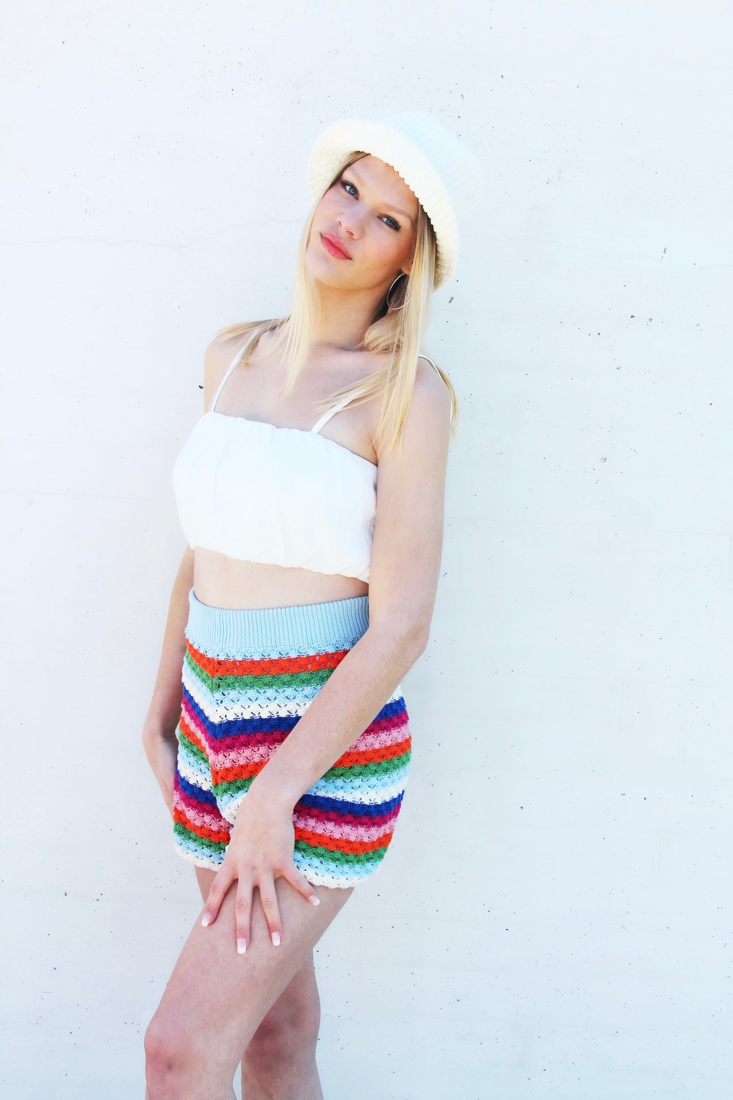 COLOR WHEEL rainbow crochet high-rise shorts, medium *FRNCH PARIS*