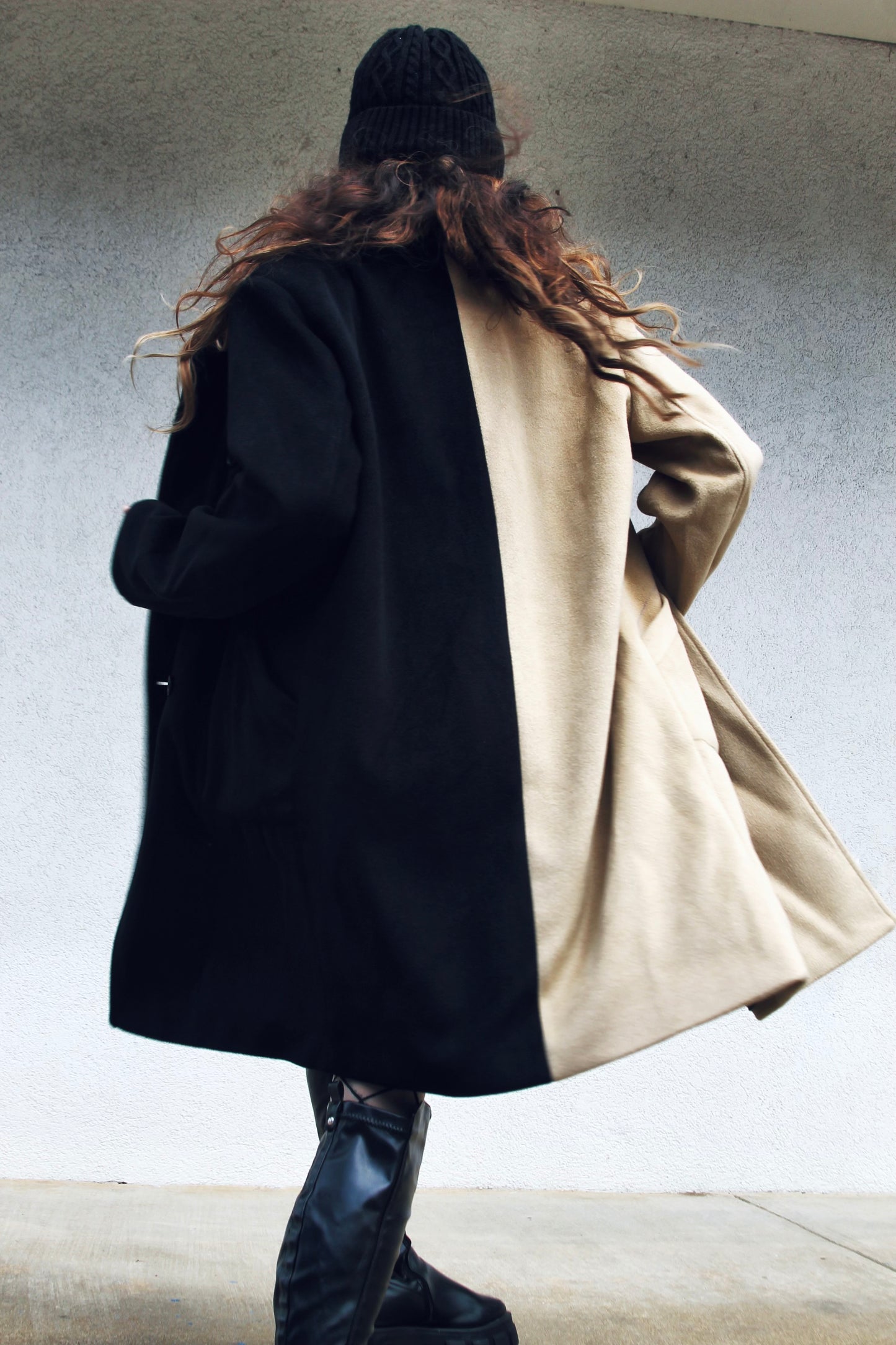 DOUBLE TROUBLE color block overcoat, size L/XL >> camel + black