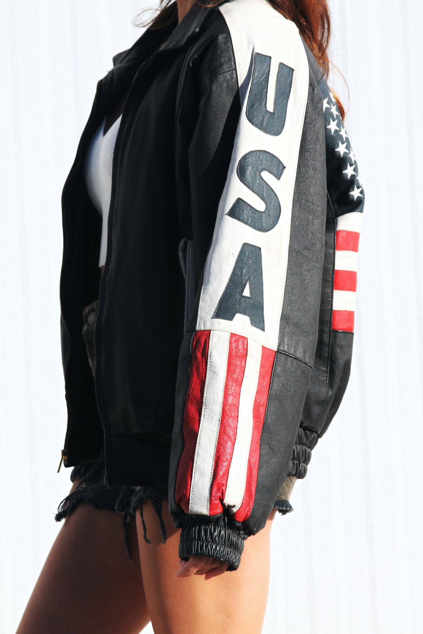 AMERICAN LIT leather American flag bomber jacket, large *VINTAGE + GENUINE LEATHER + ONE OF A KIND + FF EXCLUSIVE