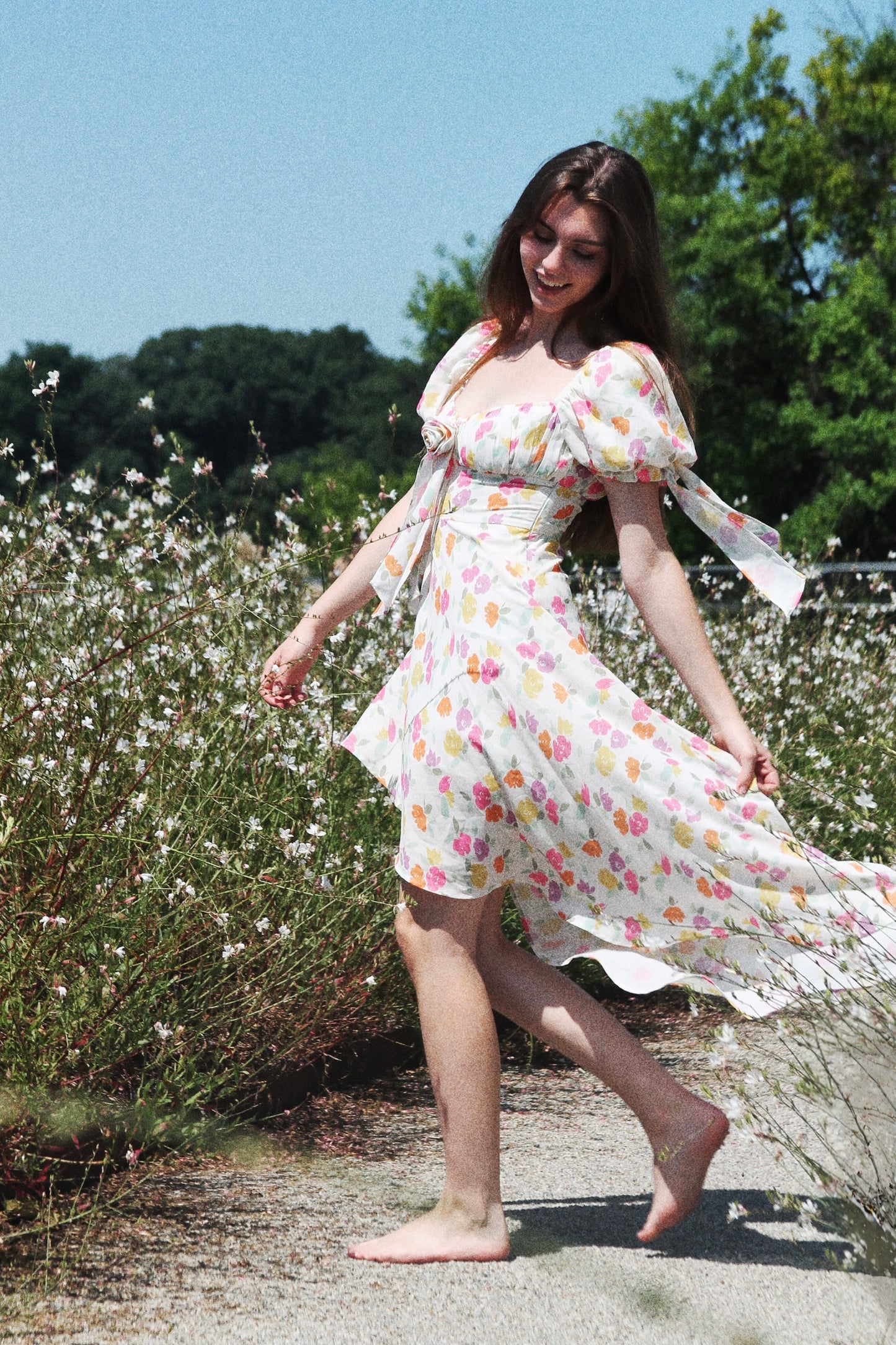 FORGET ME NOT asymmetrical + high-low floral dress, small >> white w/ floral print