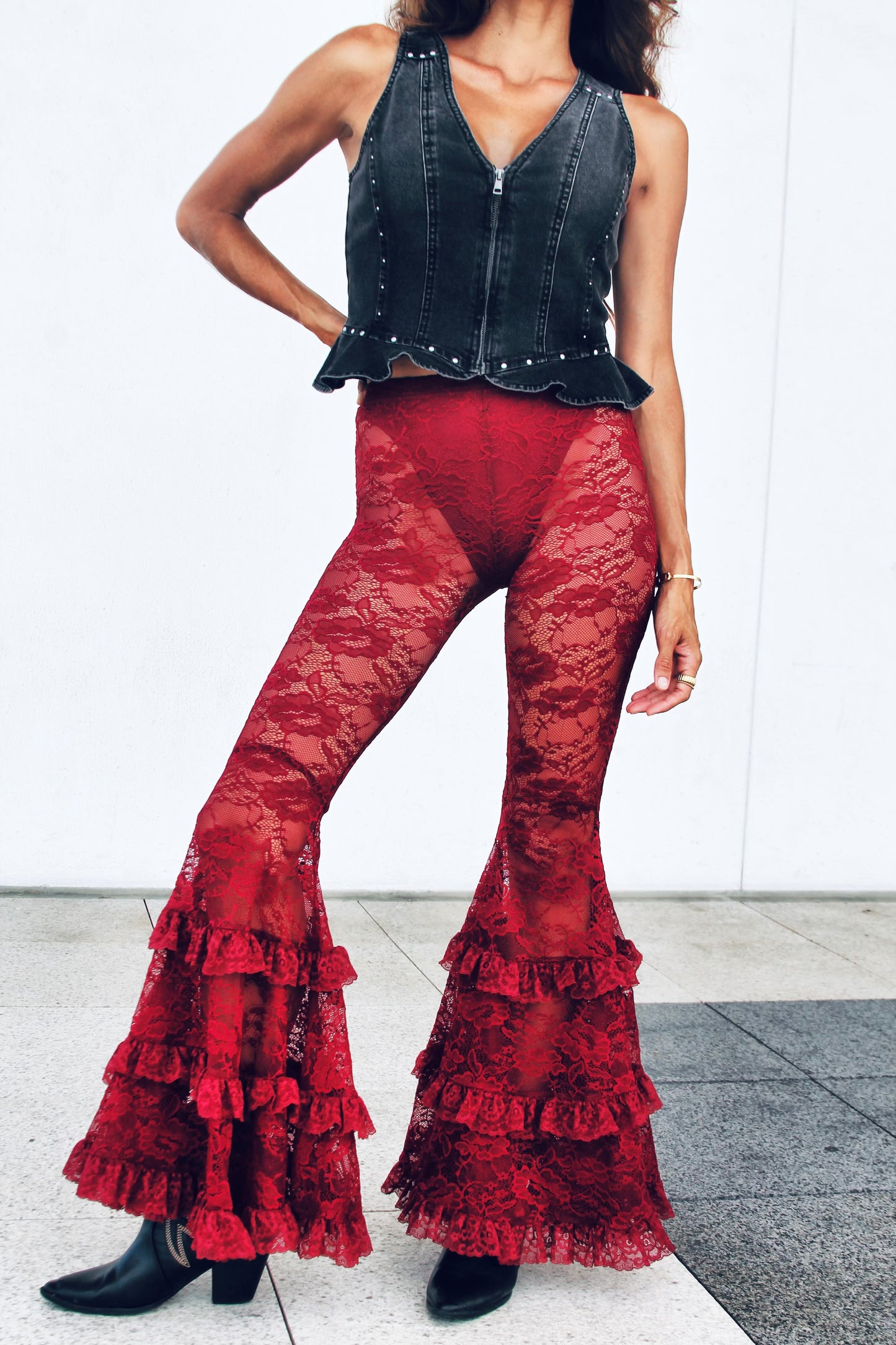 DANGEROUS sheer + full lace + tiered ruffle ultra bell bottoms, XS >> deep maroon