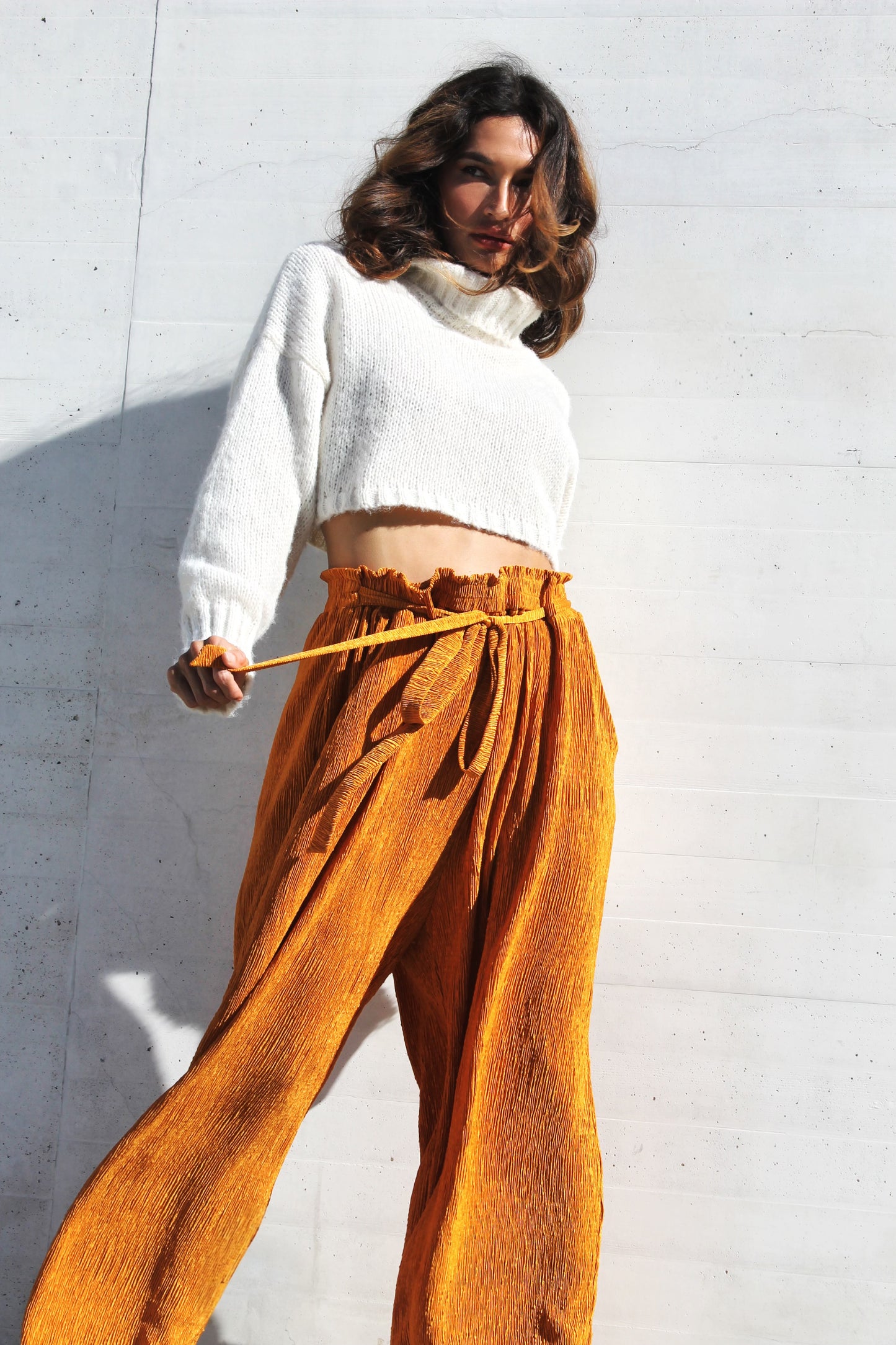 INNER LIGHT wide leg + high waist pants, large >>amber glow