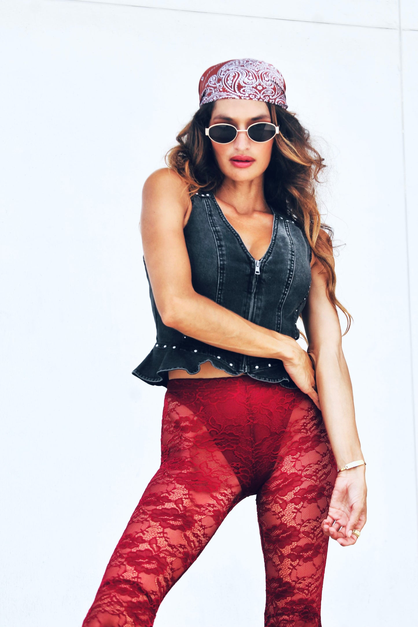 DANGEROUS sheer + full lace + tiered ruffle ultra bell bottoms, XS >> deep maroon