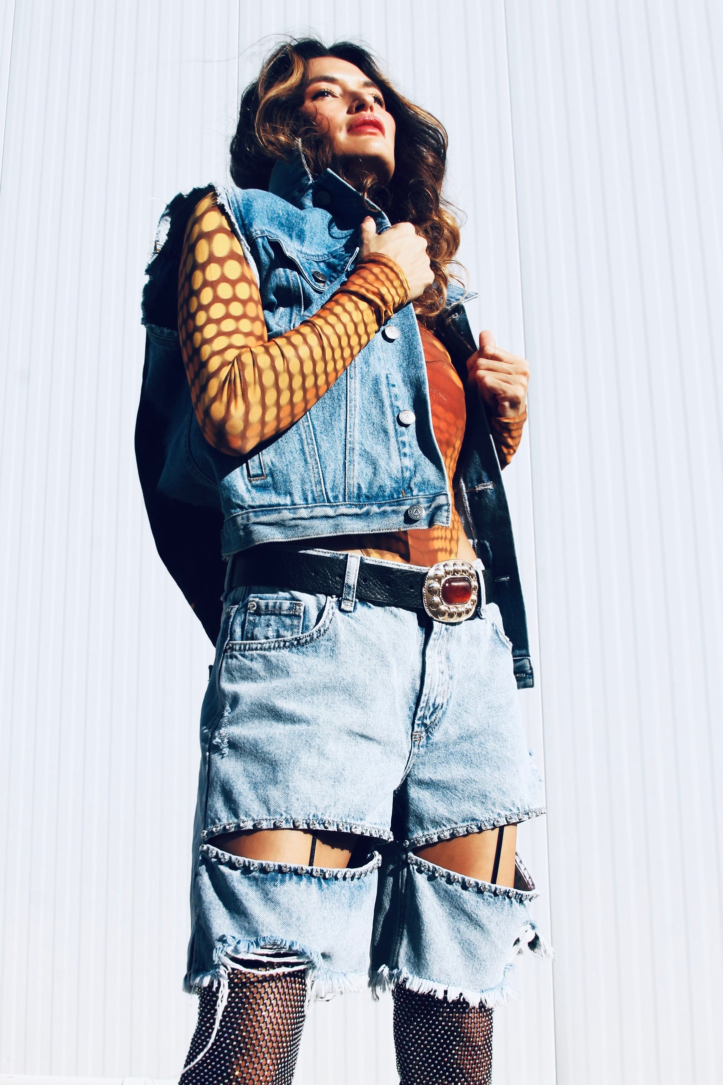 EMPOWER hand painted denim vest, large *FOXY FABLE ORIGINAL + FOXY FAVE + VINTAGE >> medium wash