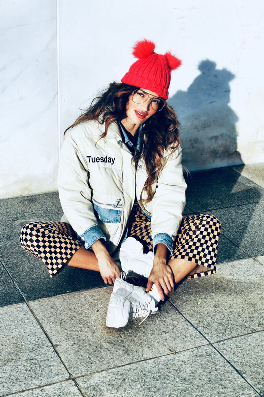 TUESDAY puffer jacket with denim accents > alabaster cream