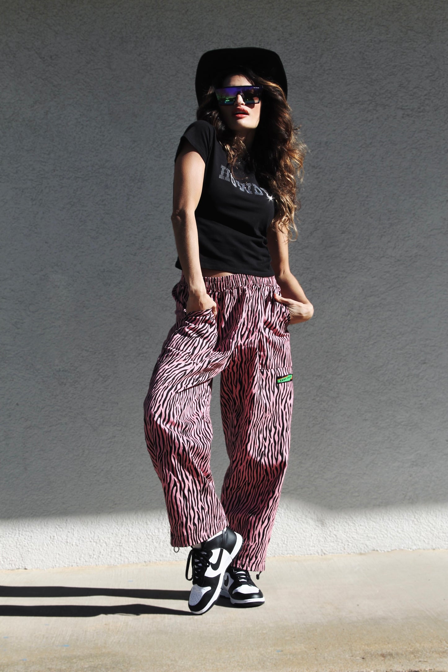 PINK PANTHER parachute pants *VINTAGE* >> hot pink + tiger stripes