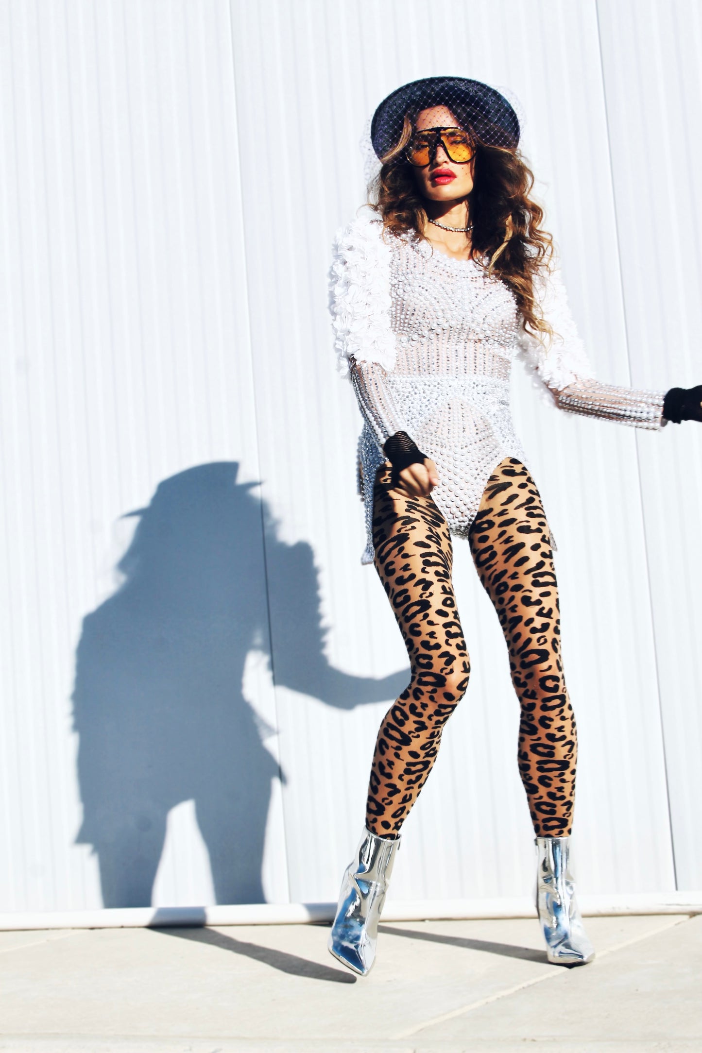 BELIEVER rhinestone + pearl body suit *FOXY FAVE* small >> nude