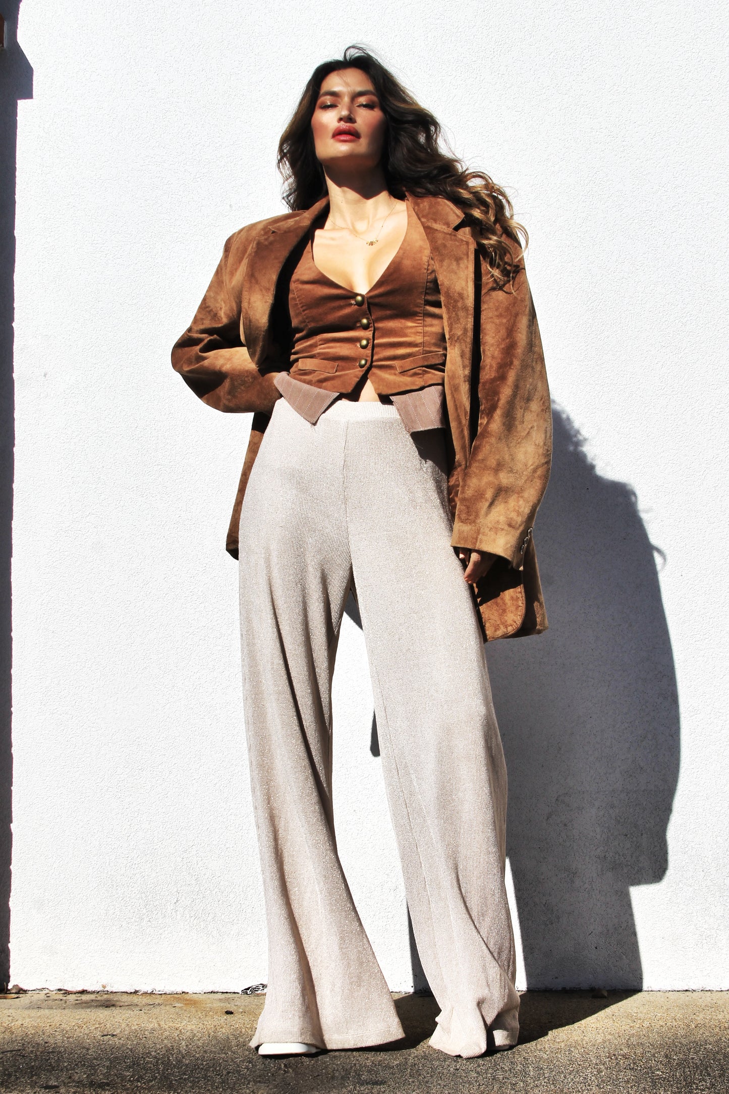 LOWKEY LUXE oversized + suede blazer, size 44R (fits like an XL) *GENUINE LEATHER >> caramel