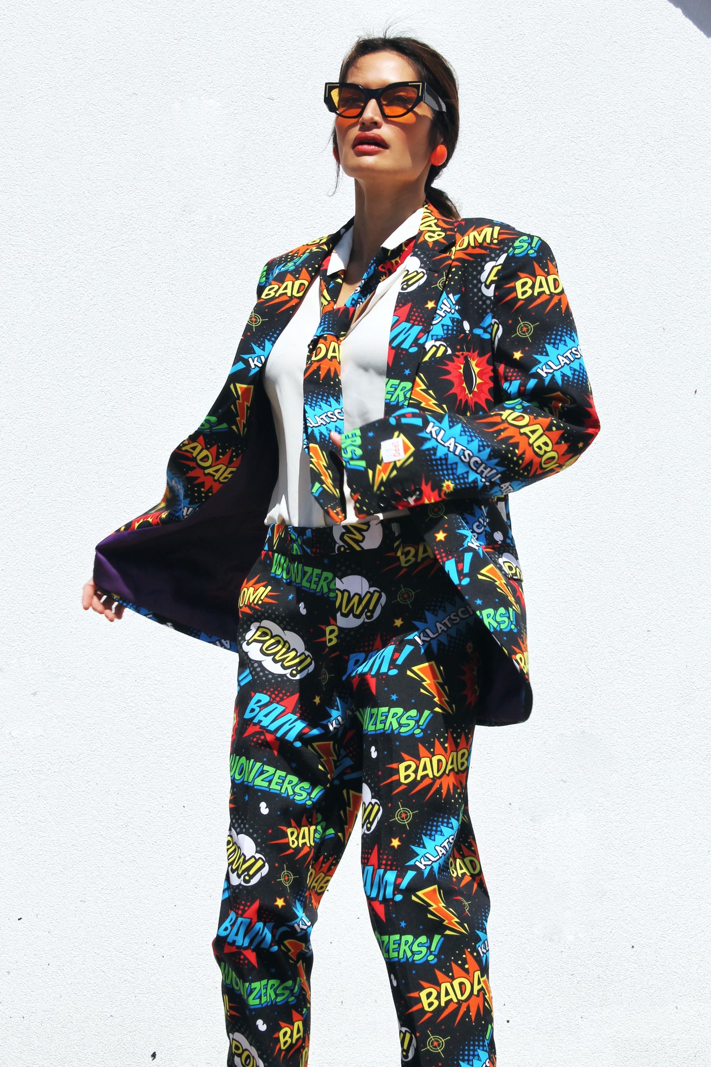 BADABING BADABOOM pop art + comic book inspired slacks, size 38 *PART OF A SET * Opposuits >> multicolored on black