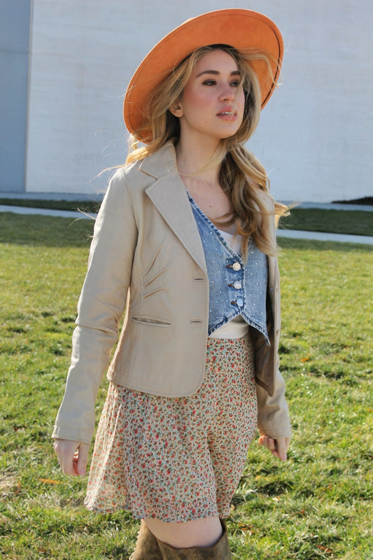 MON CHERI leather blazer jacket, small *100% GENUINE LEATHER* >> honey cream