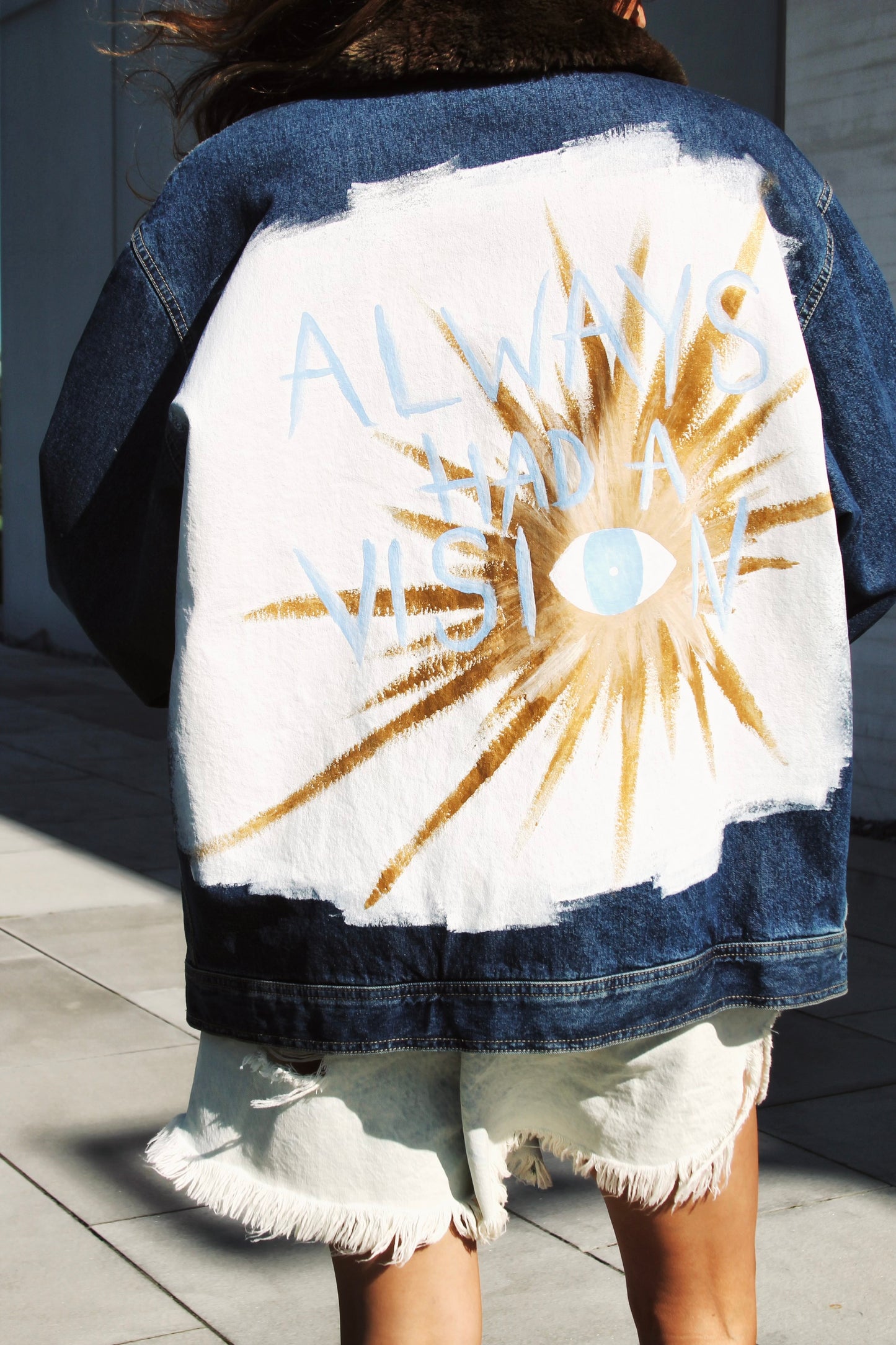 ALWAYS HAD A VISION hand painted denim jacket, men’s medium *FOXY FABLE ORIGINAL + VINTAGE* >> dark wash