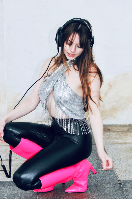 LOVE LUSTER sequin halter bandeau + rhinestone fringe, size medium, FOXY FAVE>> frosted silver