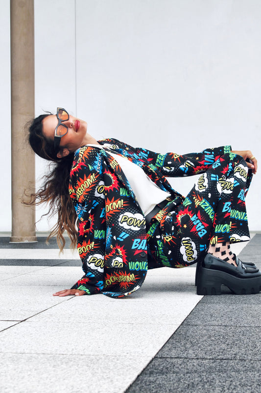 BADABING BADABOOM pop art + comic book inspired slacks, size 38 *PART OF A SET * Opposuits >> multicolored on black