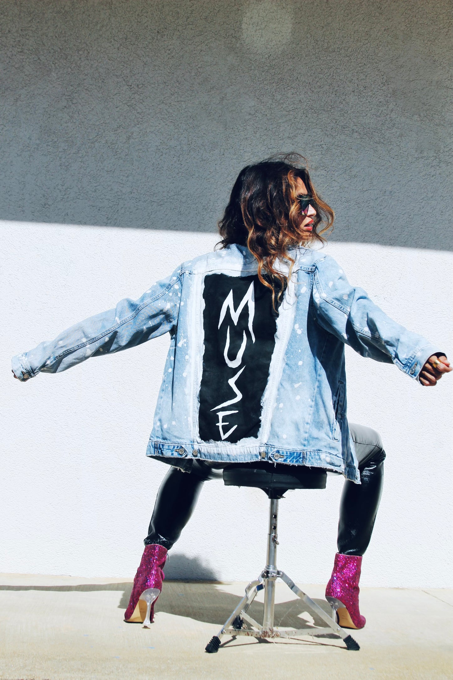 MUSE hand painted + bleach splatter denim jacket, medium *FOXY FABLE ORIGINAL + FOXY FAVE* >> light wash