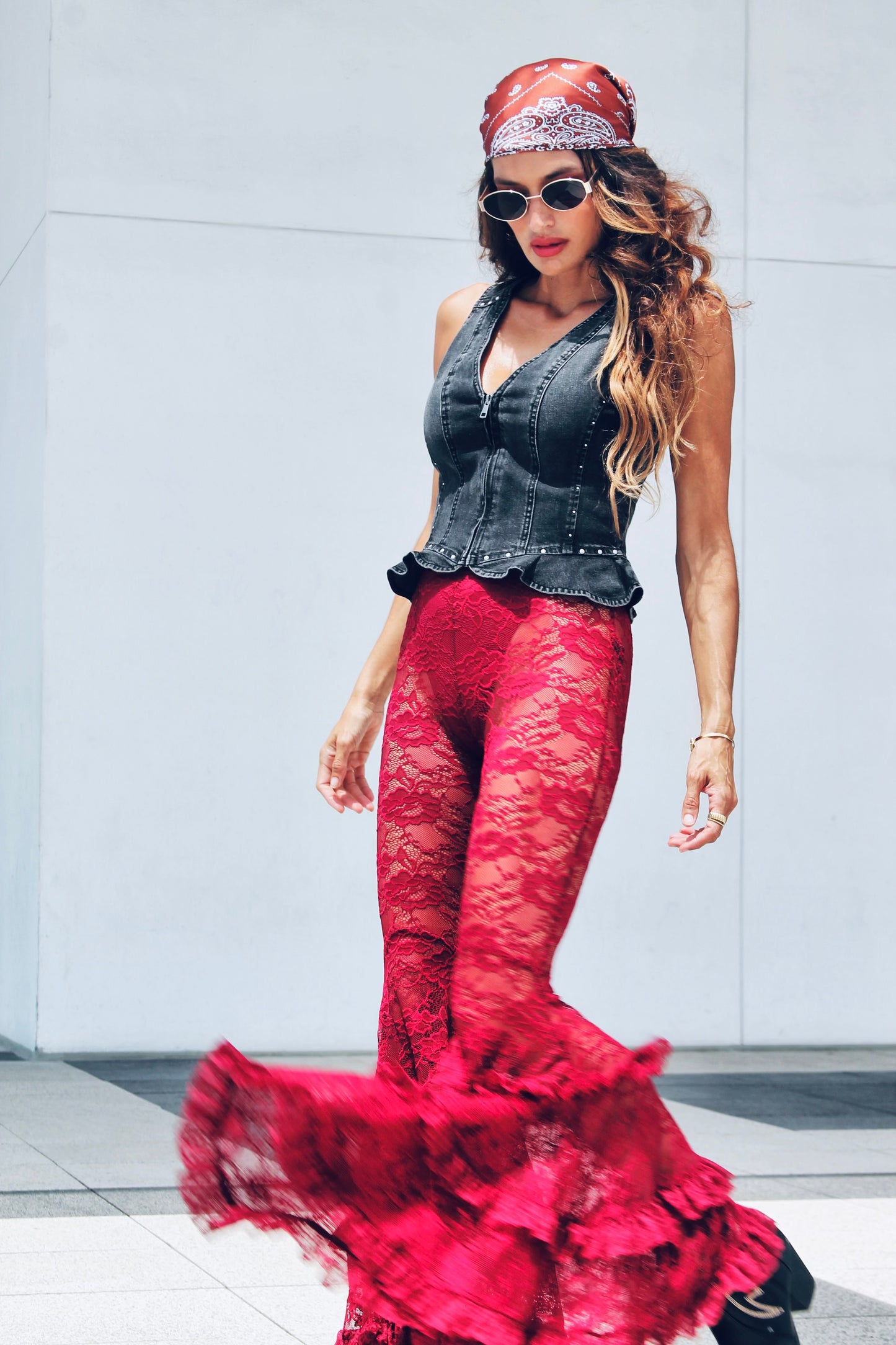 DANGEROUS sheer + full lace + tiered ruffle ultra bell bottoms, XS >> deep maroon