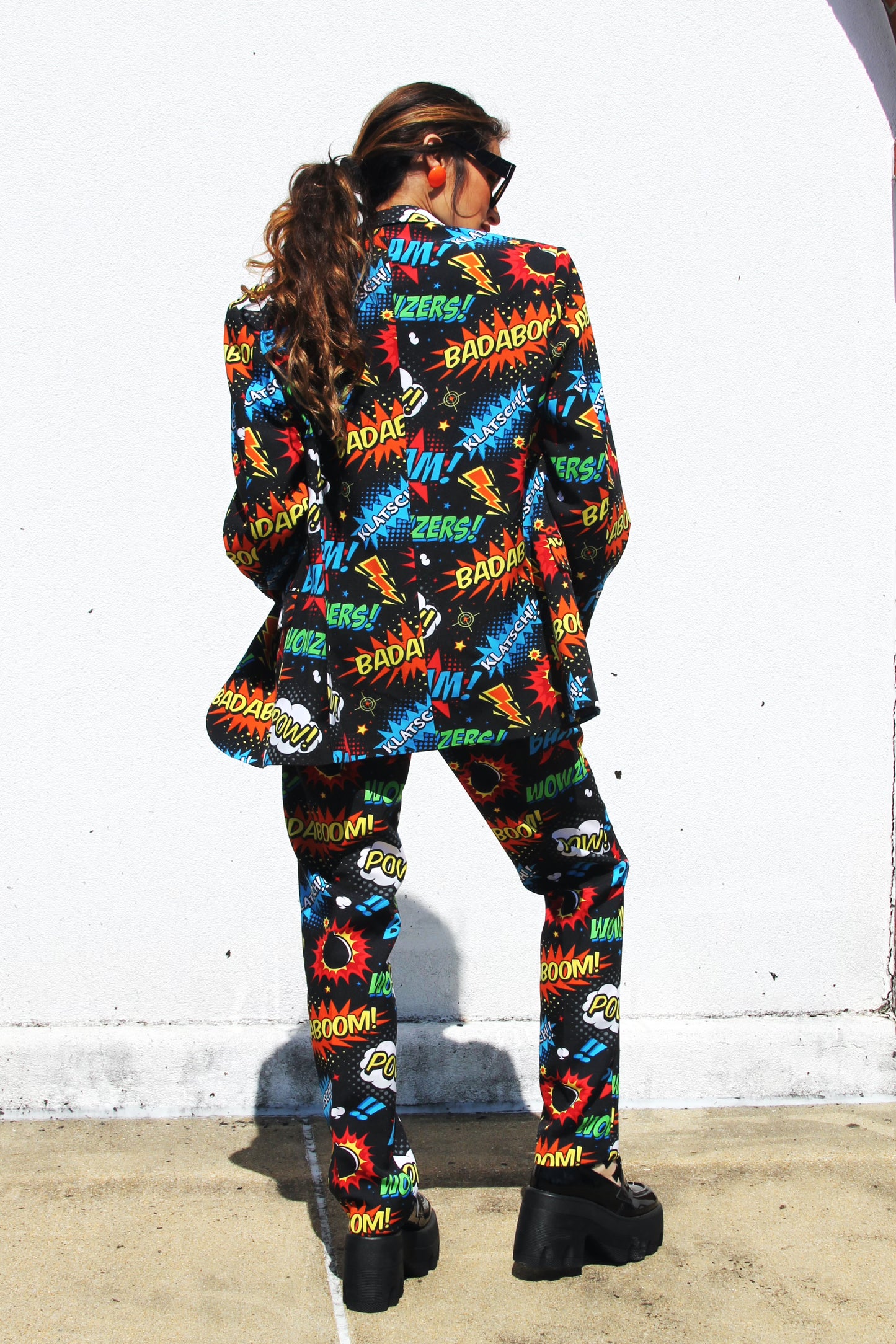 BADABING BADABOOM pop art + comic book inspired slacks, size 38 *PART OF A SET * Opposuits >> multicolored on black