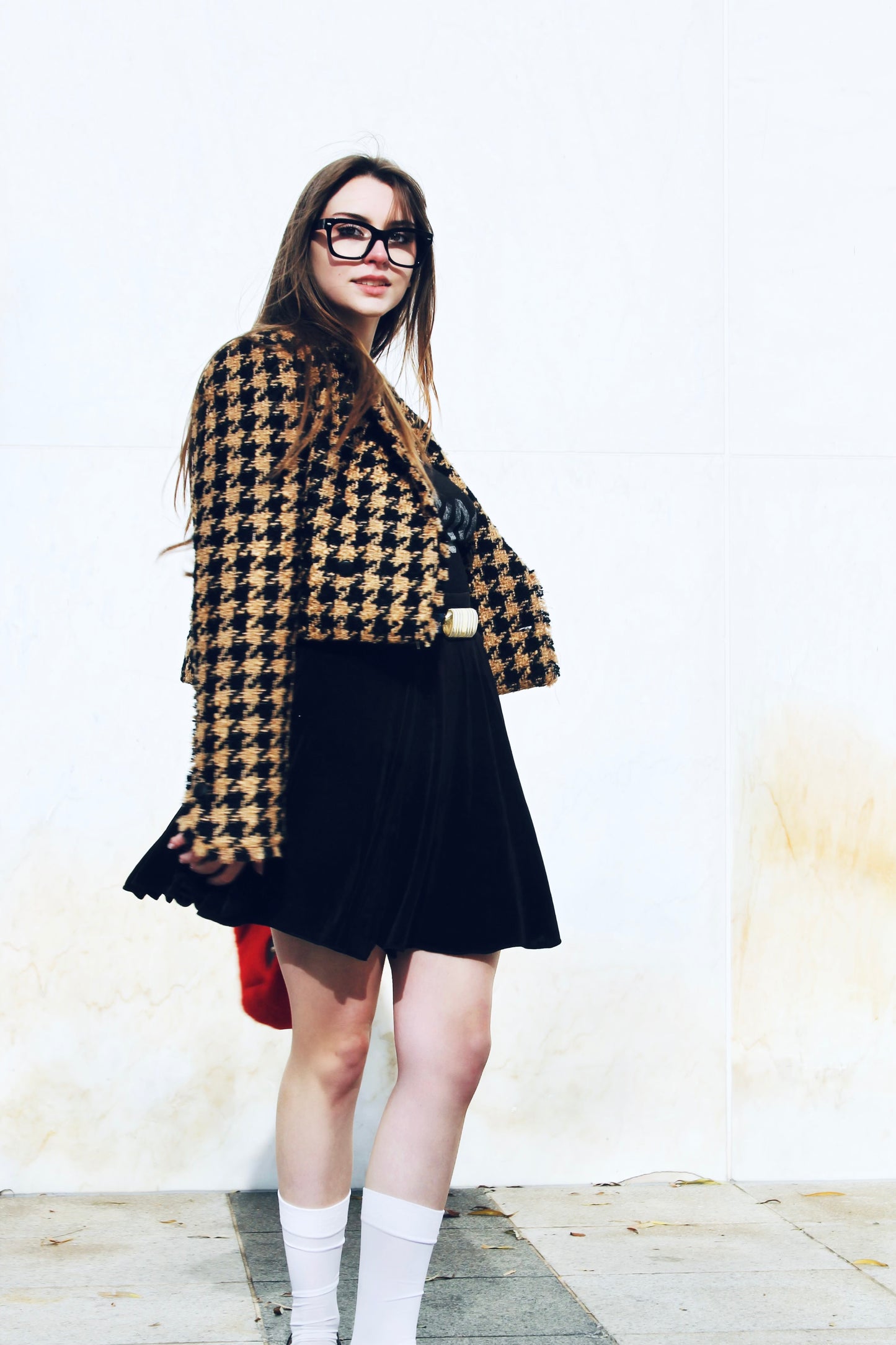 THE HUNTRESS houndstooth tweed + cropped blazer, size XL, ZARA >> fawn + black