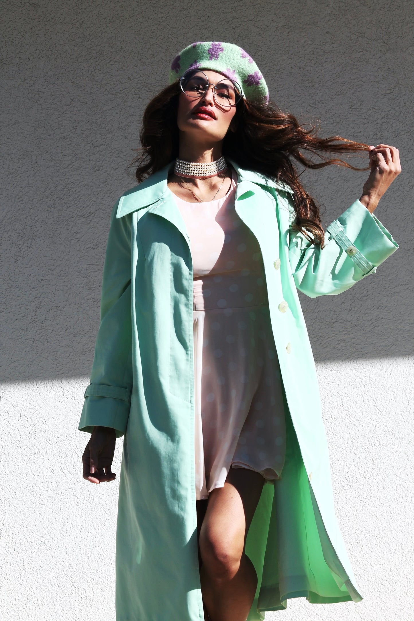 FIRST BLOOM mint green trench coat, size 10 *VINTAGE + MADE IN USA*