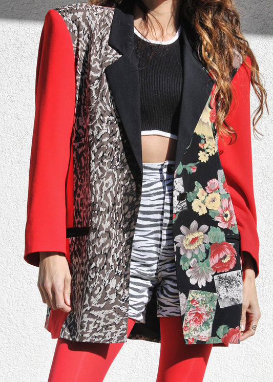 SCARLET PURRFECTION longline + multi print blazer *TRUE VINTAGE* >> scarlet with leopard + floral print