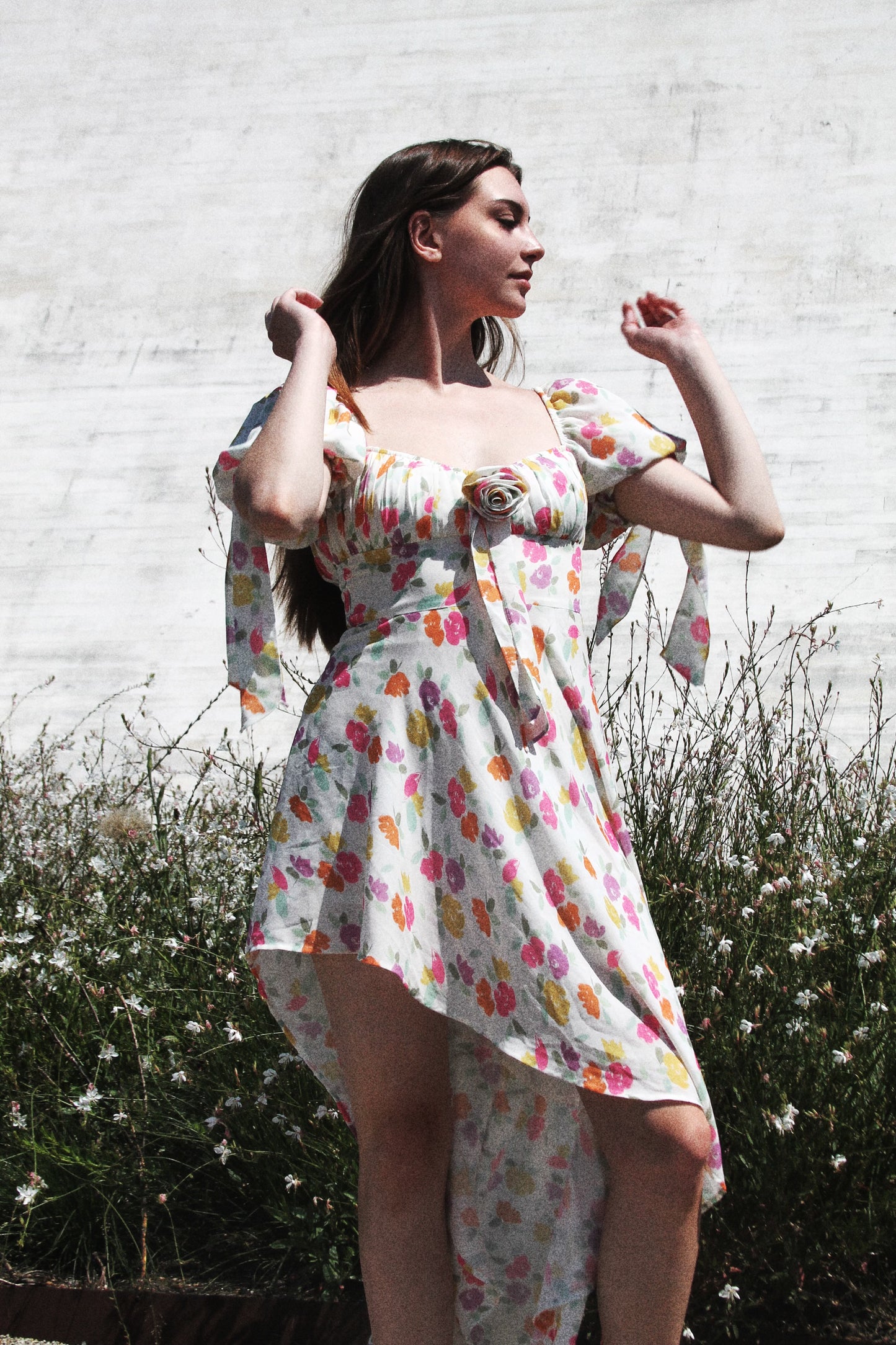 FORGET ME NOT asymmetrical + high-low floral dress, small >> white w/ floral print