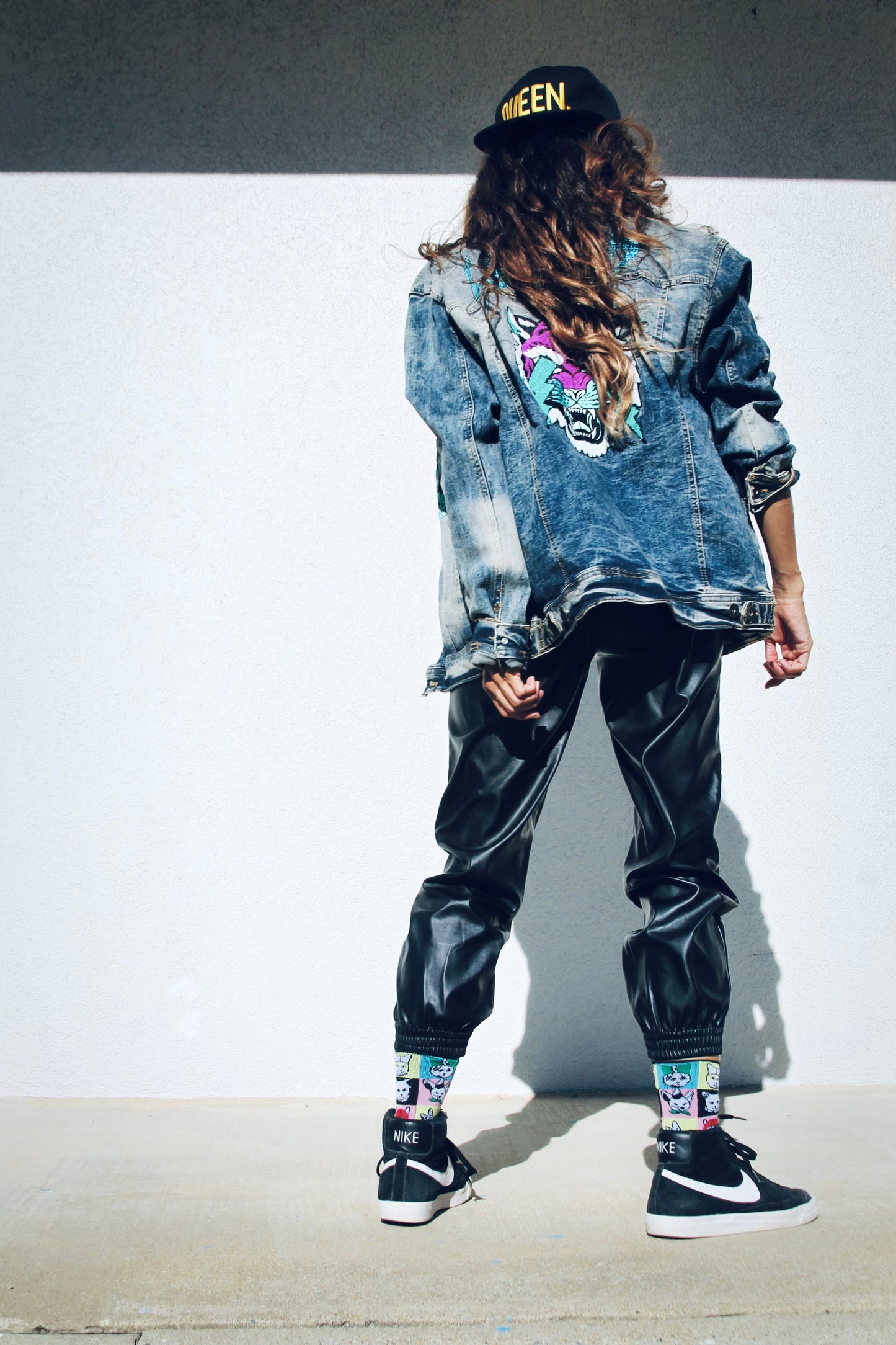 LEGEND patchwork denim jacket, XL >> antiqued dark wash + tiger patchwork