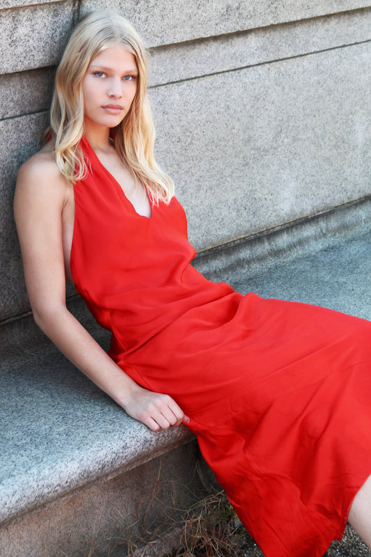 RED CORVETTE open-back • satin maxi dress, large *BARDOT*