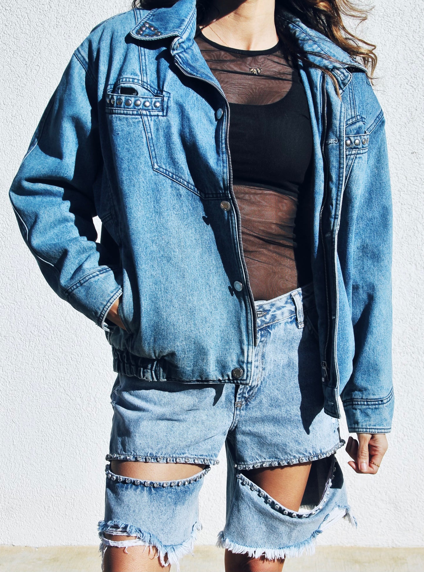DAREDIVA studded denim bomber,  size small  *VINTAGE*