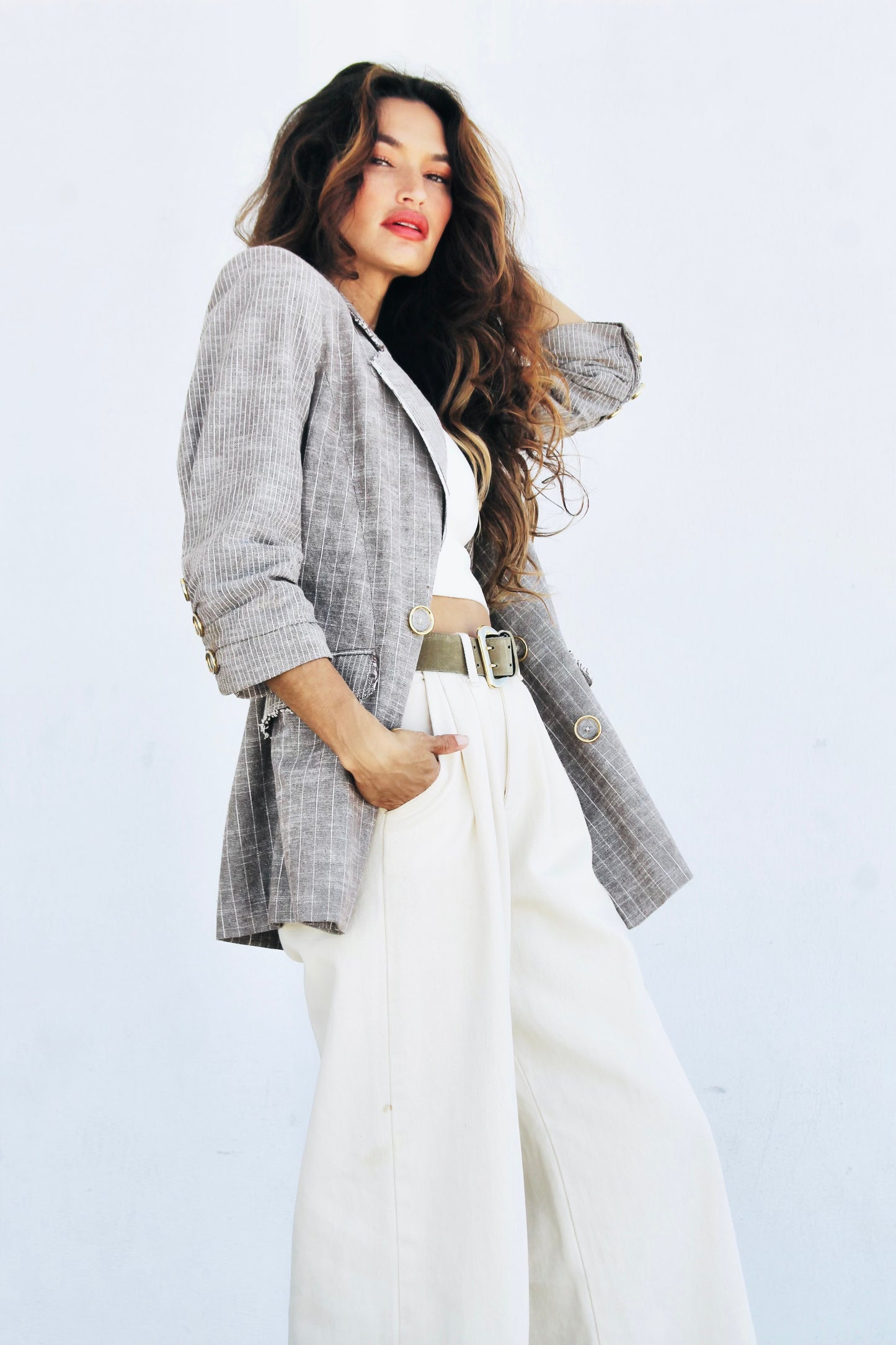 BLUEPRINT pinstripe double breasted blazer, RAMY BROOK NY >> coffee + cream