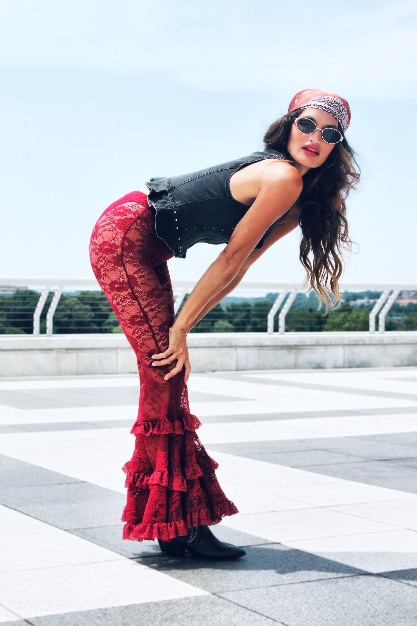 DANGEROUS sheer + full lace + tiered ruffle ultra bell bottoms, XS >> deep maroon