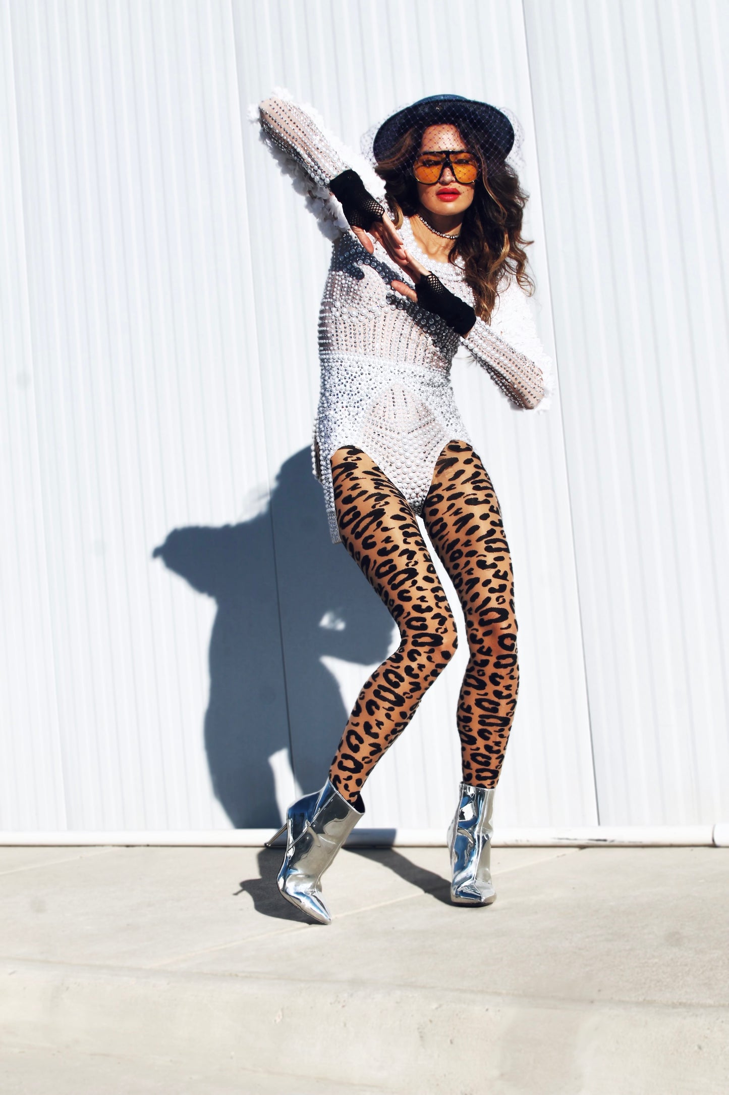 BELIEVER rhinestone + pearl body suit *FOXY FAVE* small >> nude