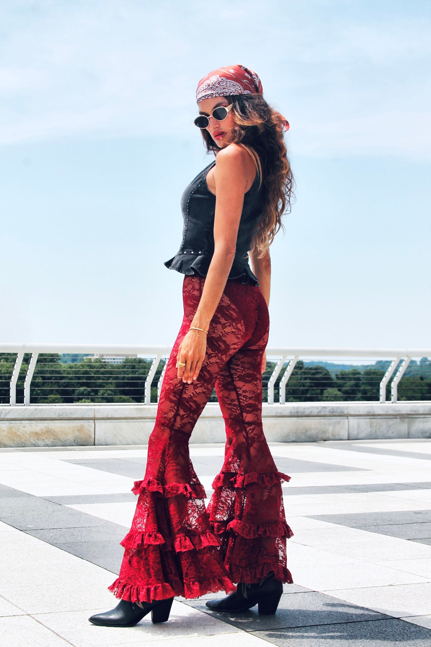 DANGEROUS sheer + full lace + tiered ruffle ultra bell bottoms, XS >> deep maroon
