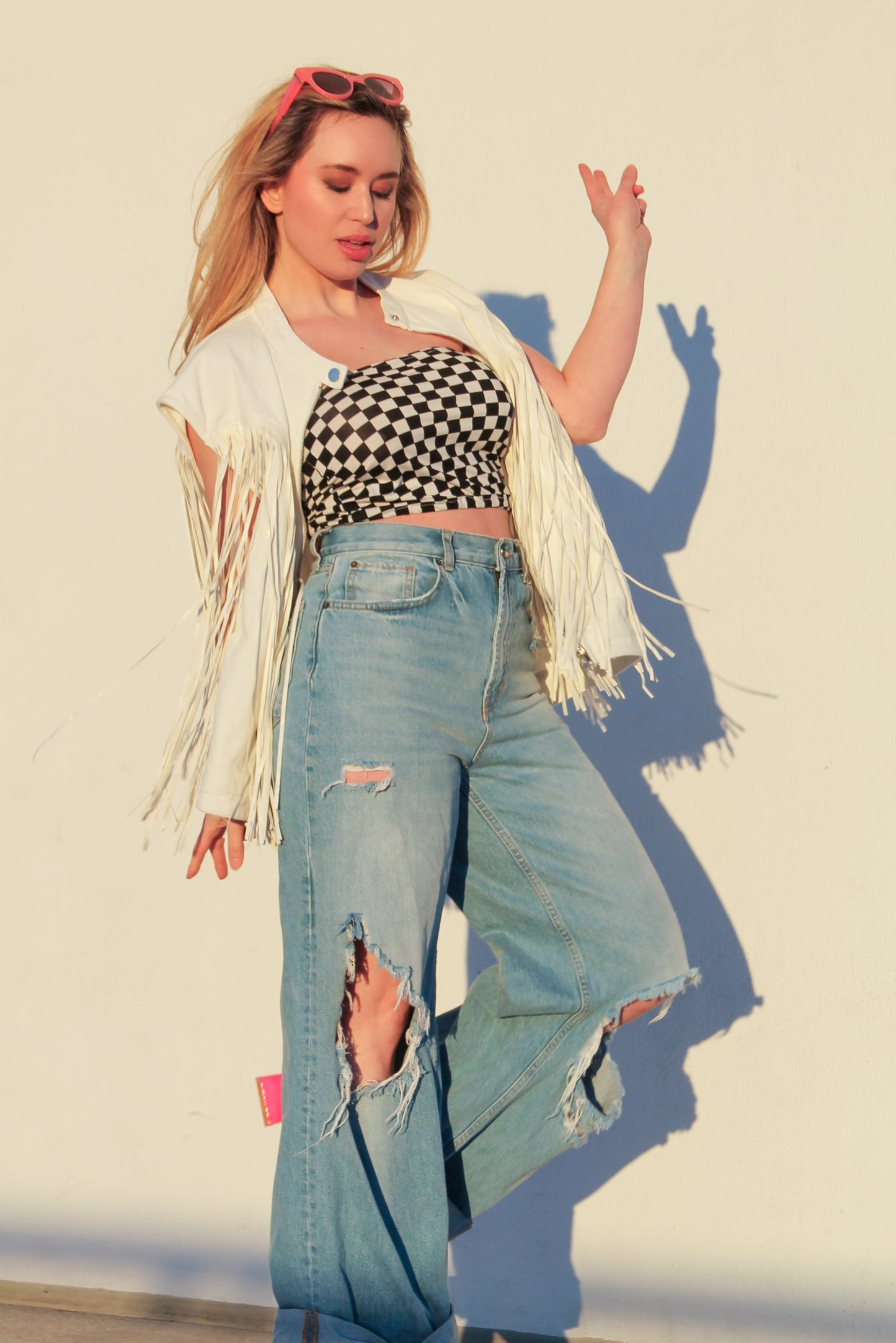 AQUARIUS SZN 2.0 denim + tassel fringe bomber vest, medium