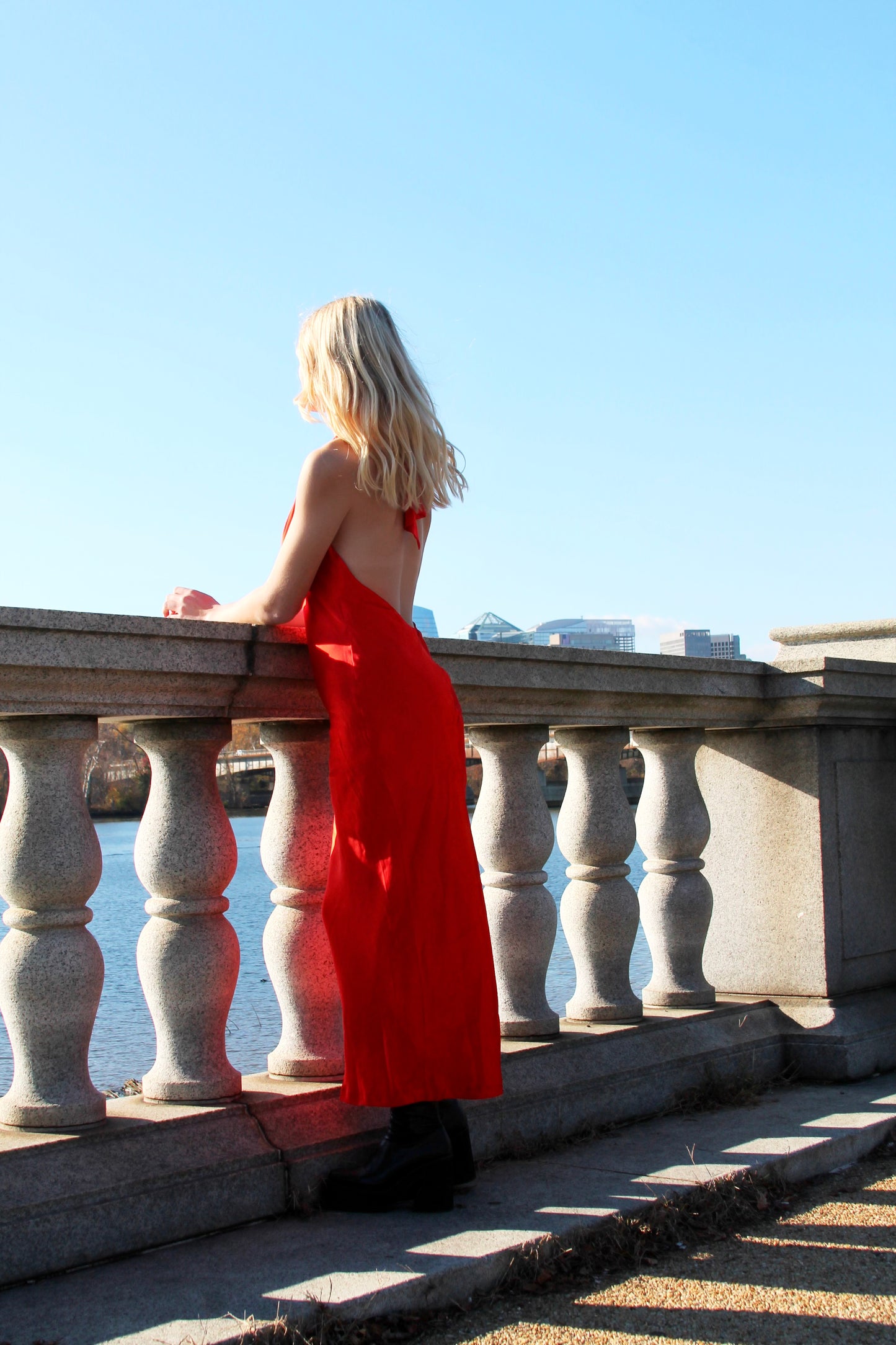 RED CORVETTE open-back • satin maxi dress, large *BARDOT*