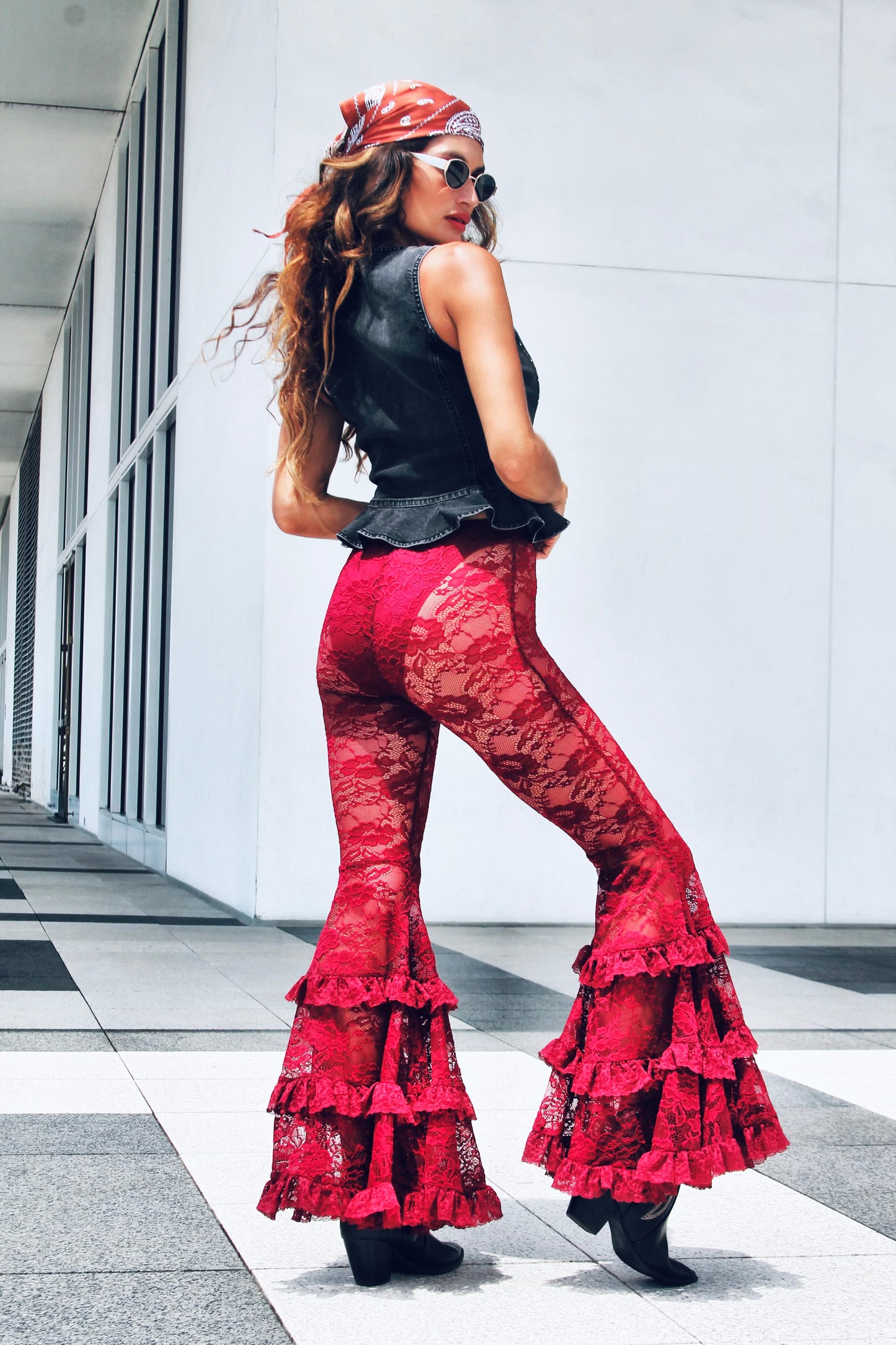DANGEROUS sheer + full lace + tiered ruffle ultra bell bottoms, XS >> deep maroon