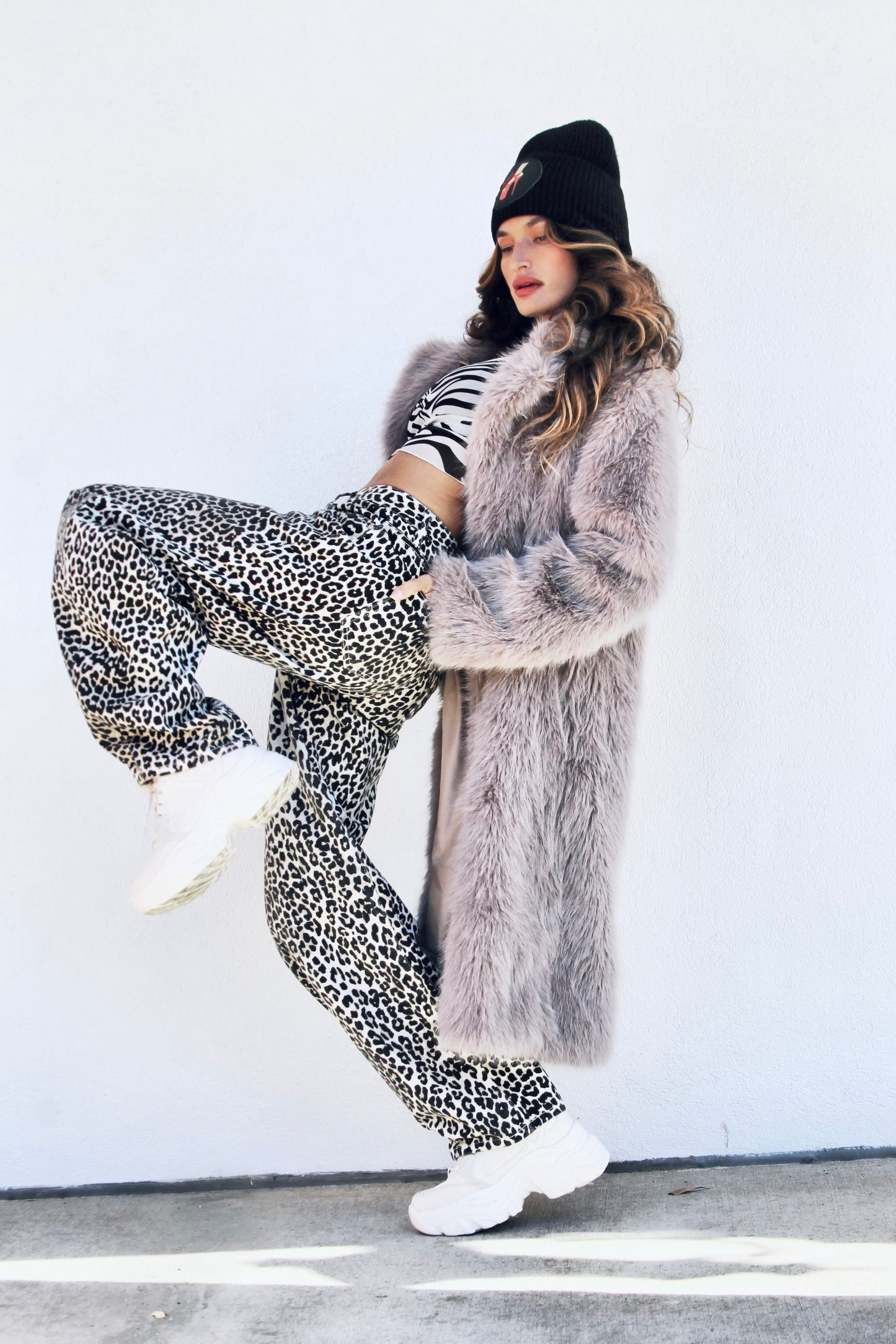 FAUX-EVER YOURS faux fur coat, medium >> stone grey