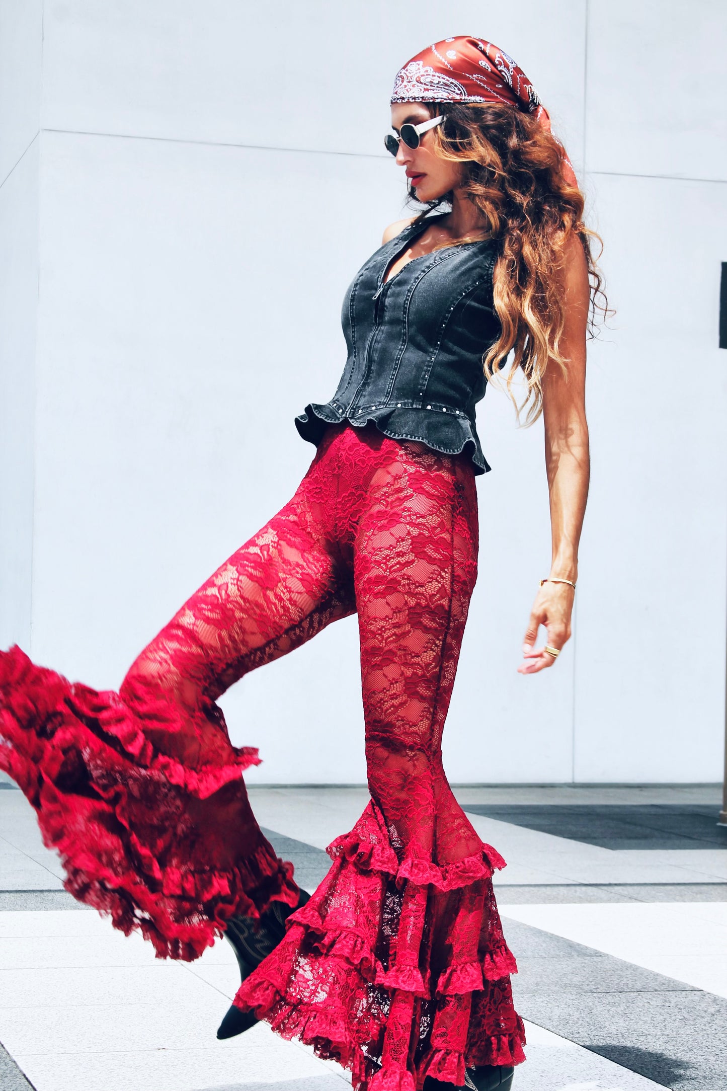 DANGEROUS sheer + full lace + tiered ruffle ultra bell bottoms, XS >> deep maroon