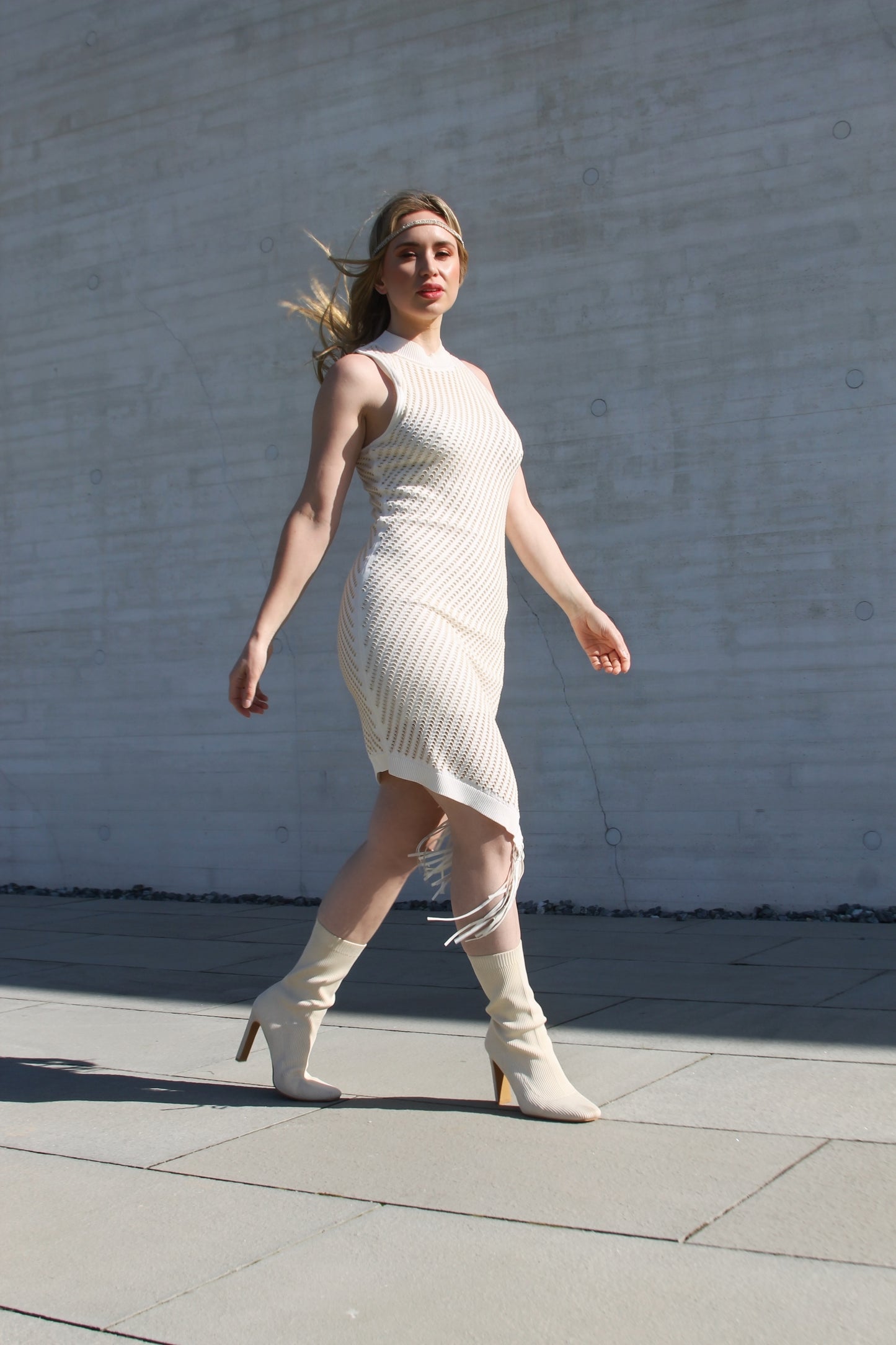 FRINGE SIREN asymmetrical knit mesh + fringe midi dress, medium *Jonathan Simkhai* >> bright cream