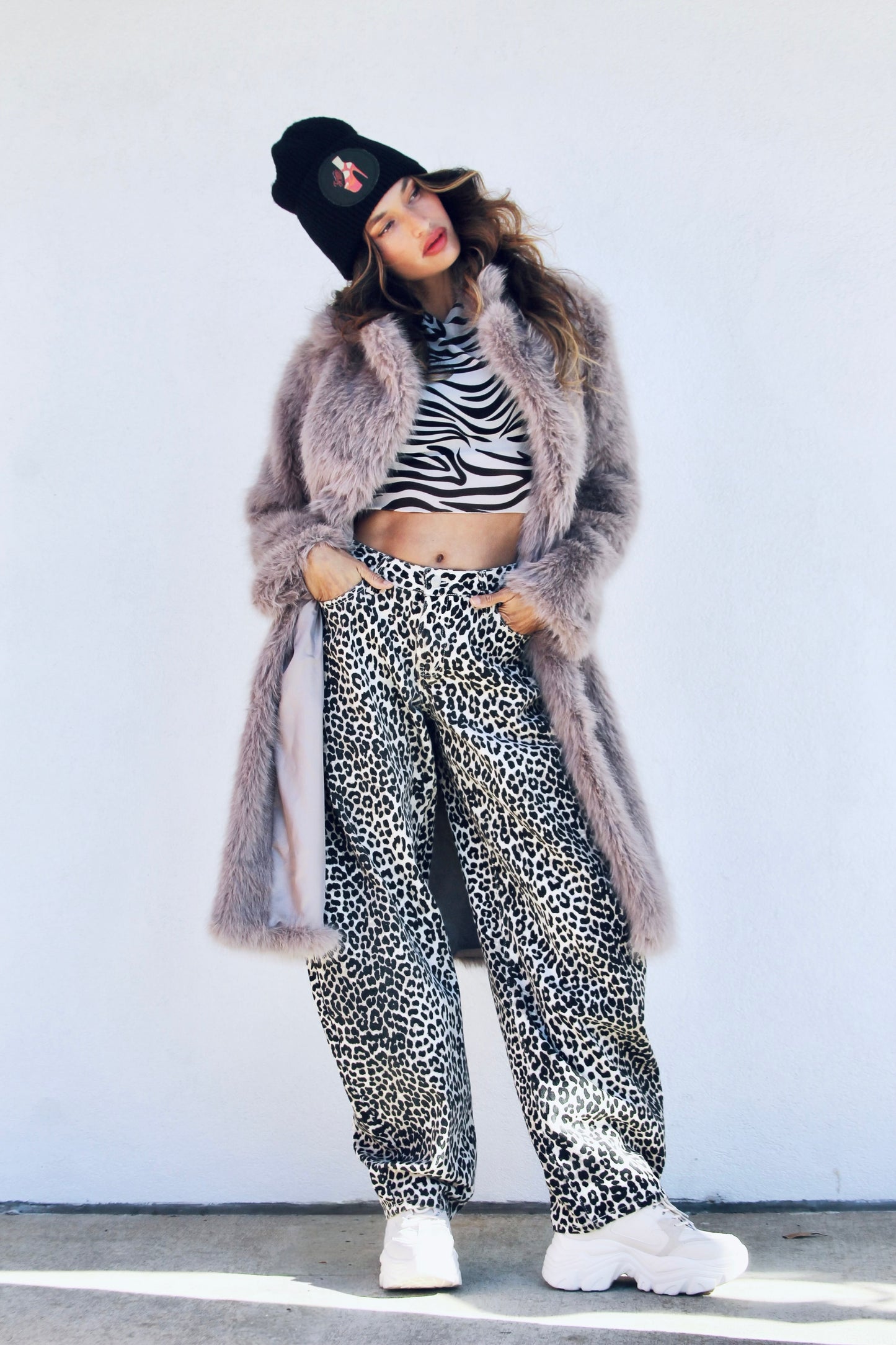 FAUX-EVER YOURS faux fur coat, medium >> stone grey