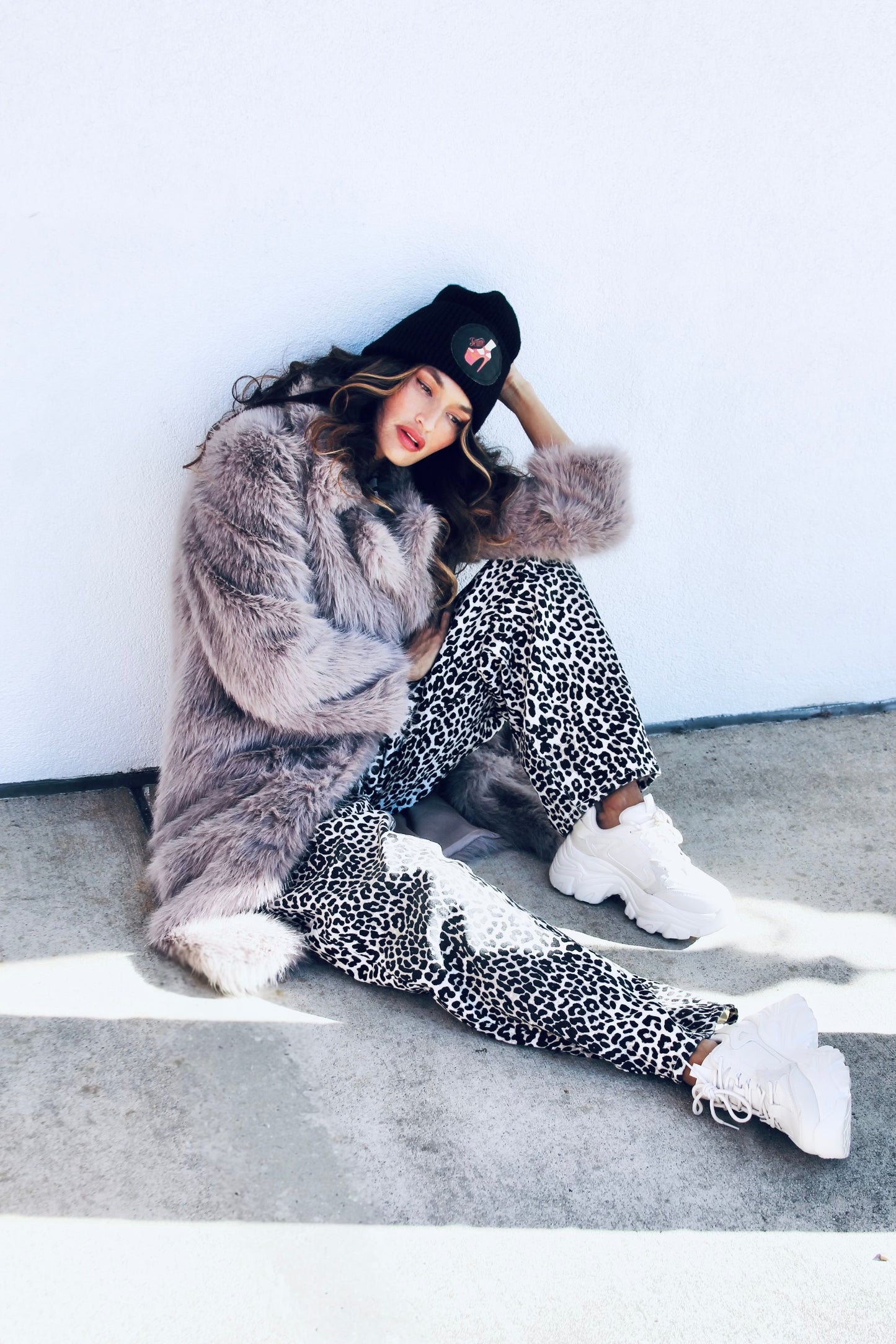 FAUX-EVER YOURS faux fur coat, medium >> stone grey