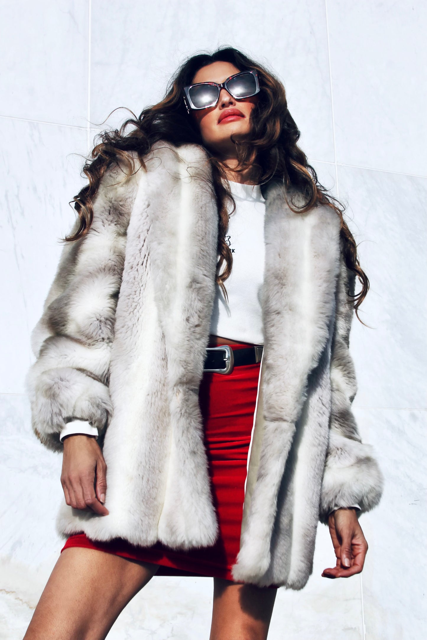 MOB WIFE faux fur coat, M/L *VINTAGE* >>smoky grey and white