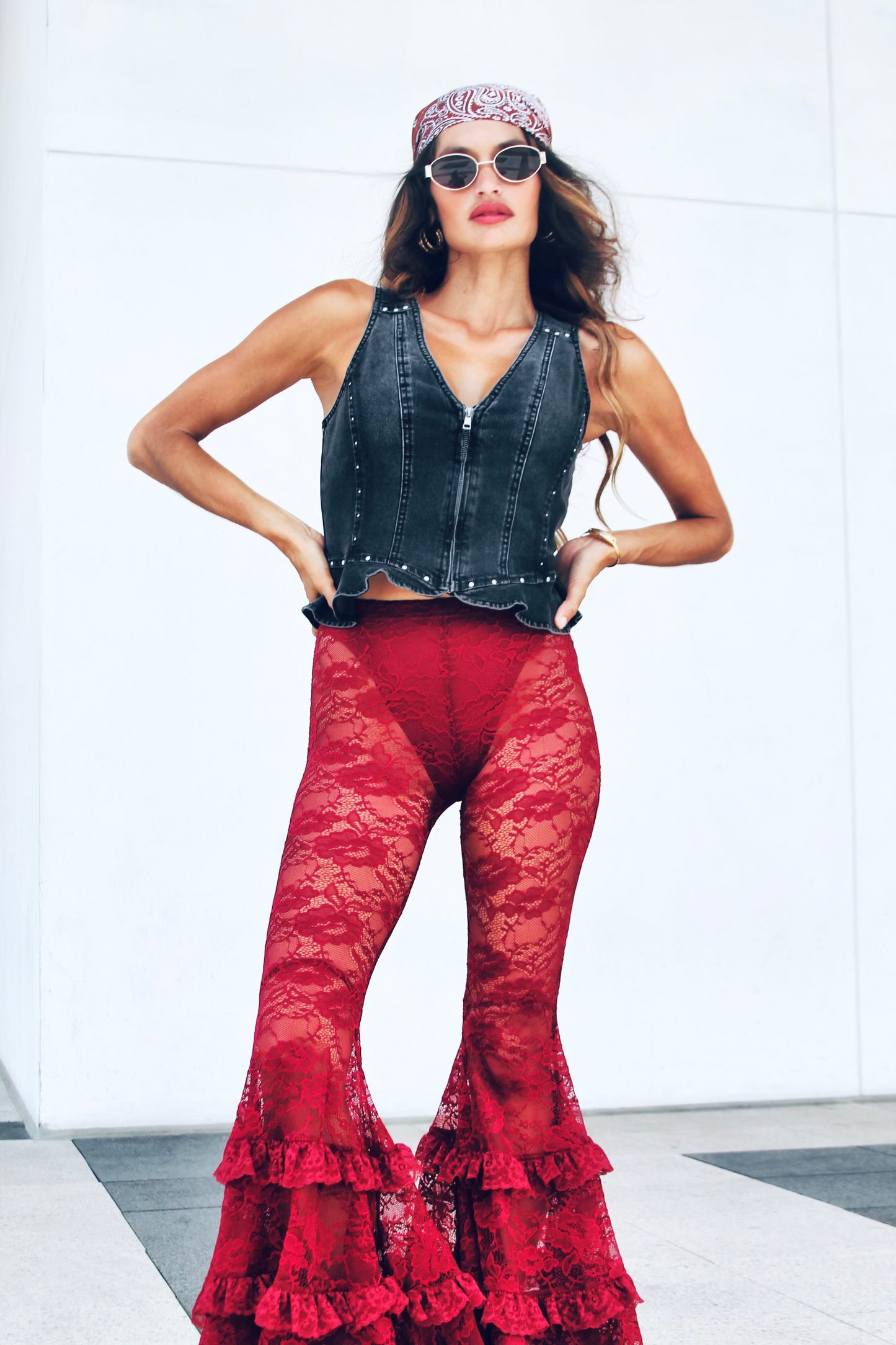 DANGEROUS sheer + full lace + tiered ruffle ultra bell bottoms, XS >> deep maroon