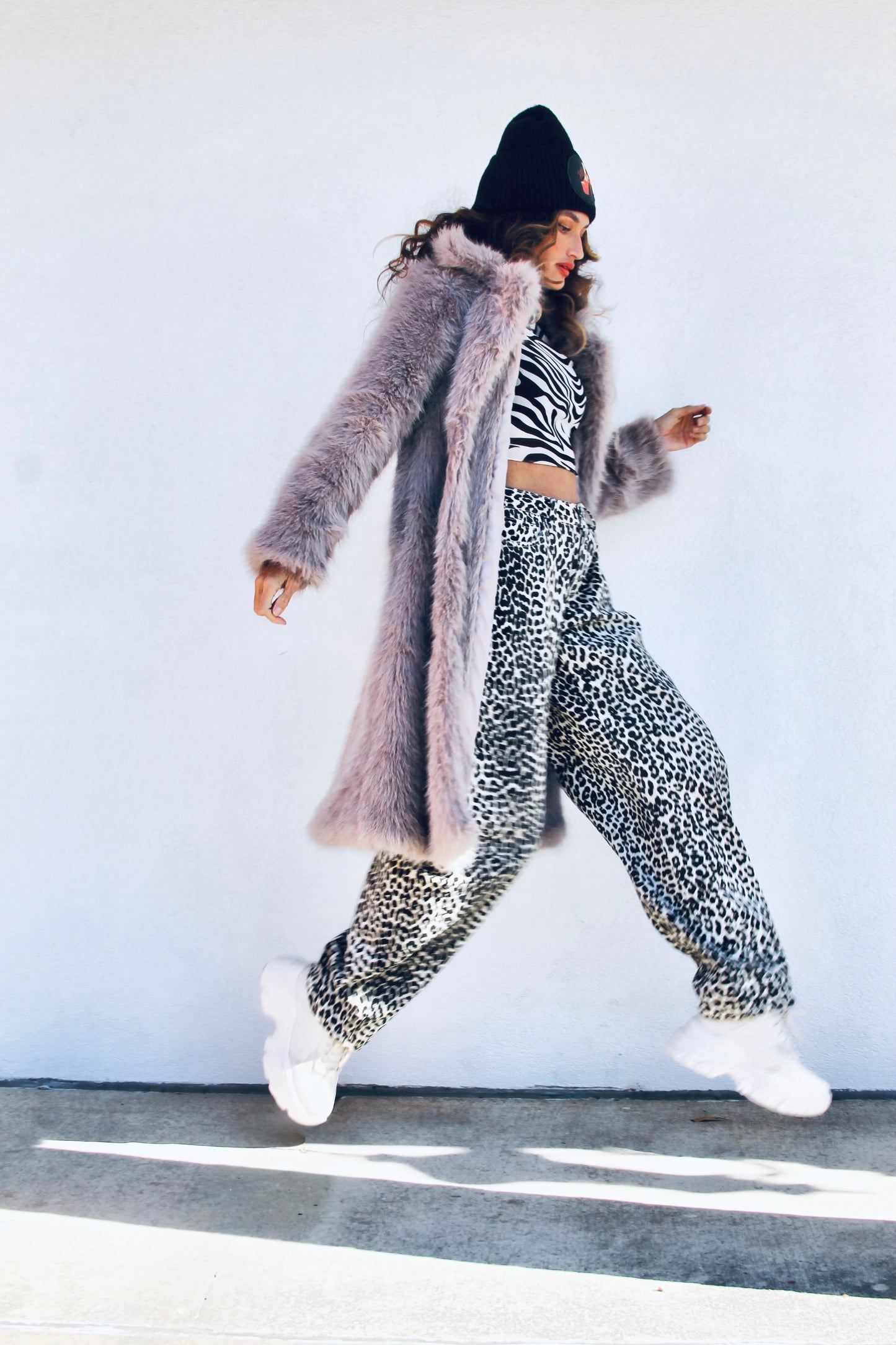 FAUX-EVER YOURS faux fur coat, medium >> stone grey