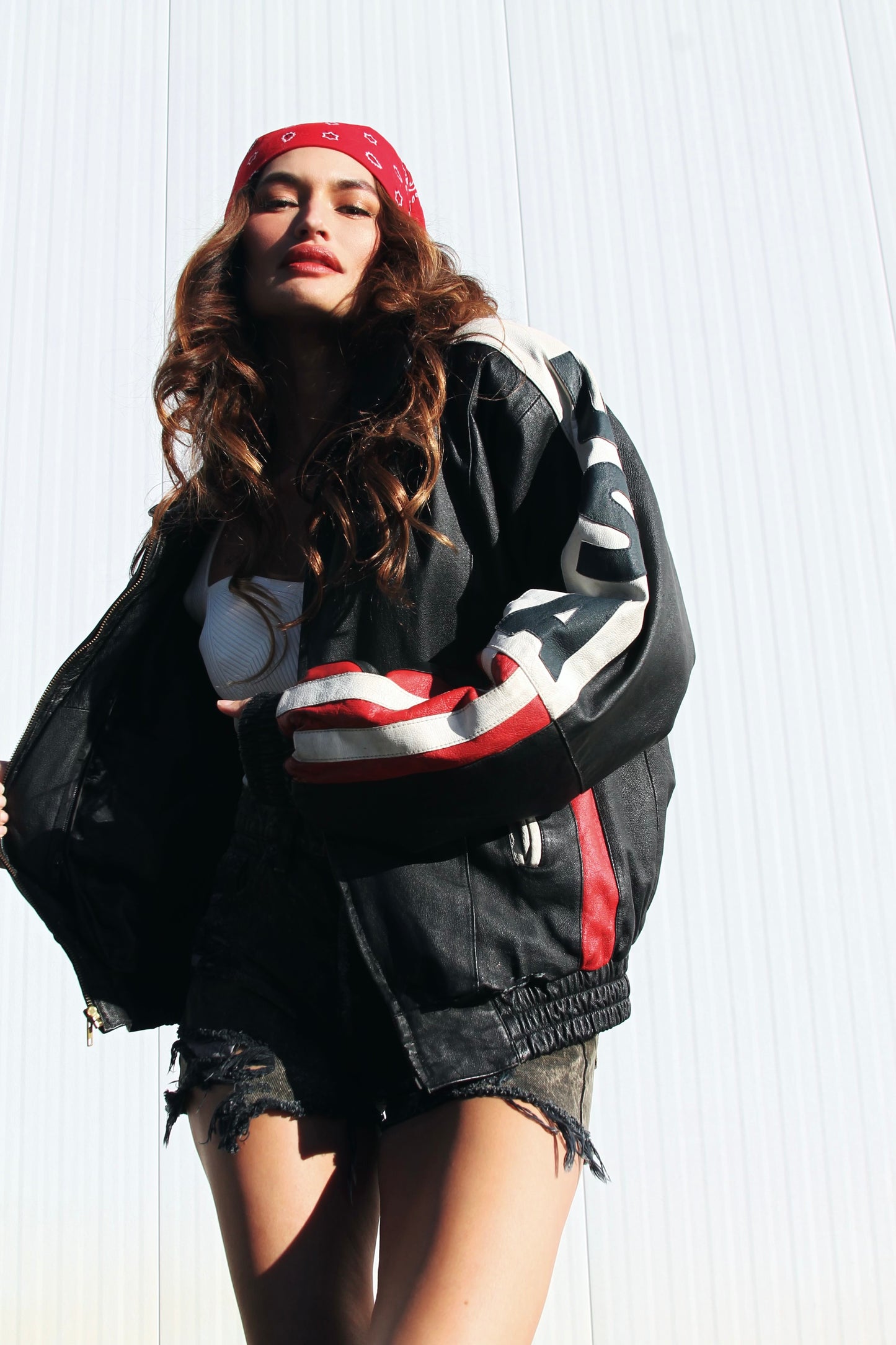 AMERICAN LIT leather American flag bomber jacket, large *VINTAGE + GENUINE LEATHER + ONE OF A KIND + FF EXCLUSIVE