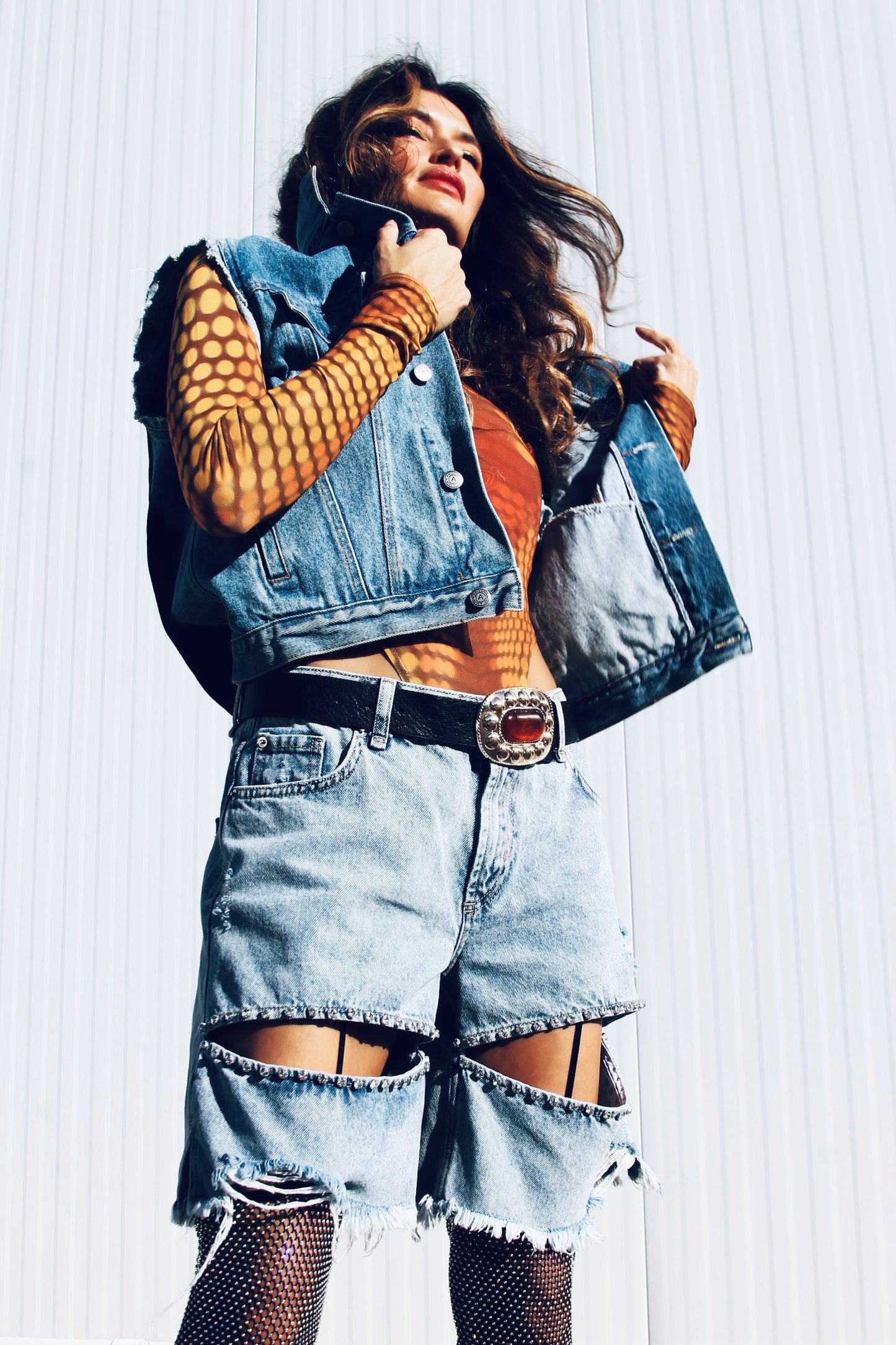 EMPOWER hand painted denim vest, large *FOXY FABLE ORIGINAL + FOXY FAVE + VINTAGE >> medium wash