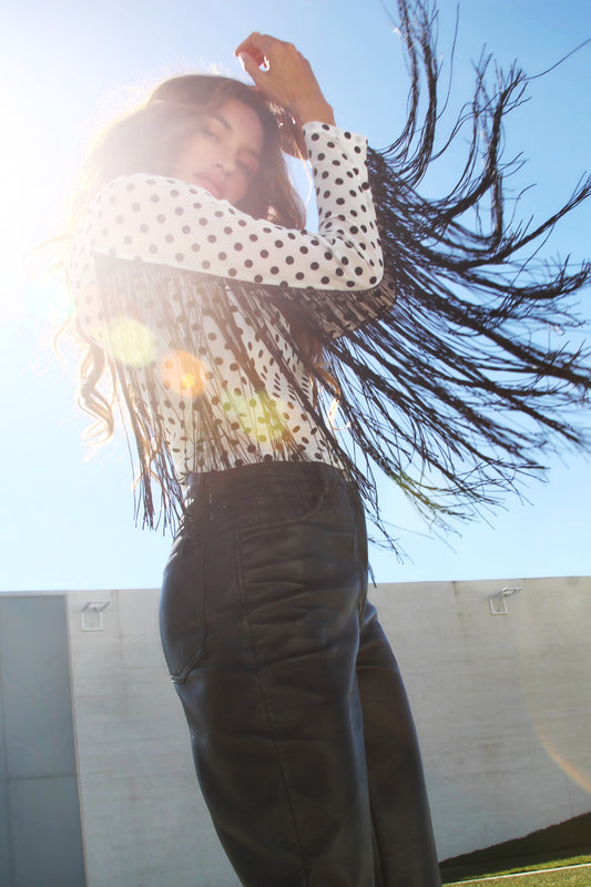 LOTTY DOTTY sheer polka dot + tassel fringe top, small *SAINTS & HEARTS + USA MADE*