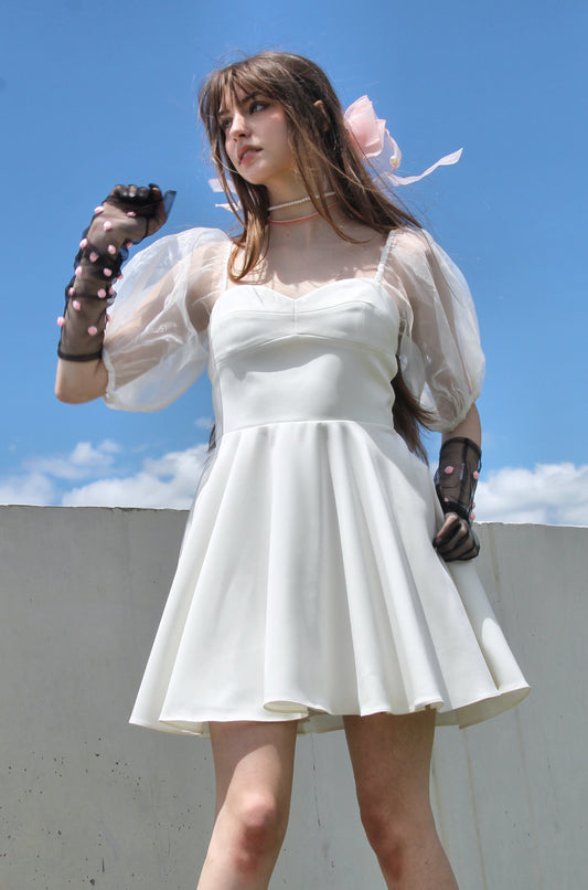 ONLY IN A DREAM sheer puff sleeve + pure white mini dress, small