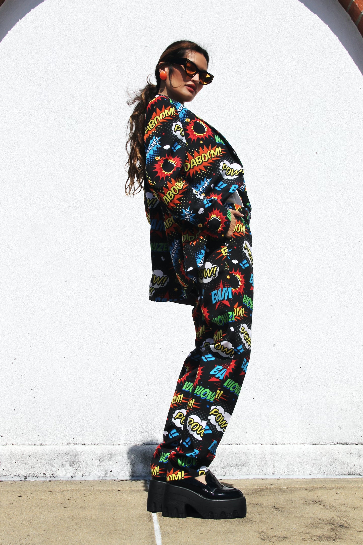 BADABING BADABOOM pop art + comic book inspired slacks, size 38 *PART OF A SET * Opposuits >> multicolored on black