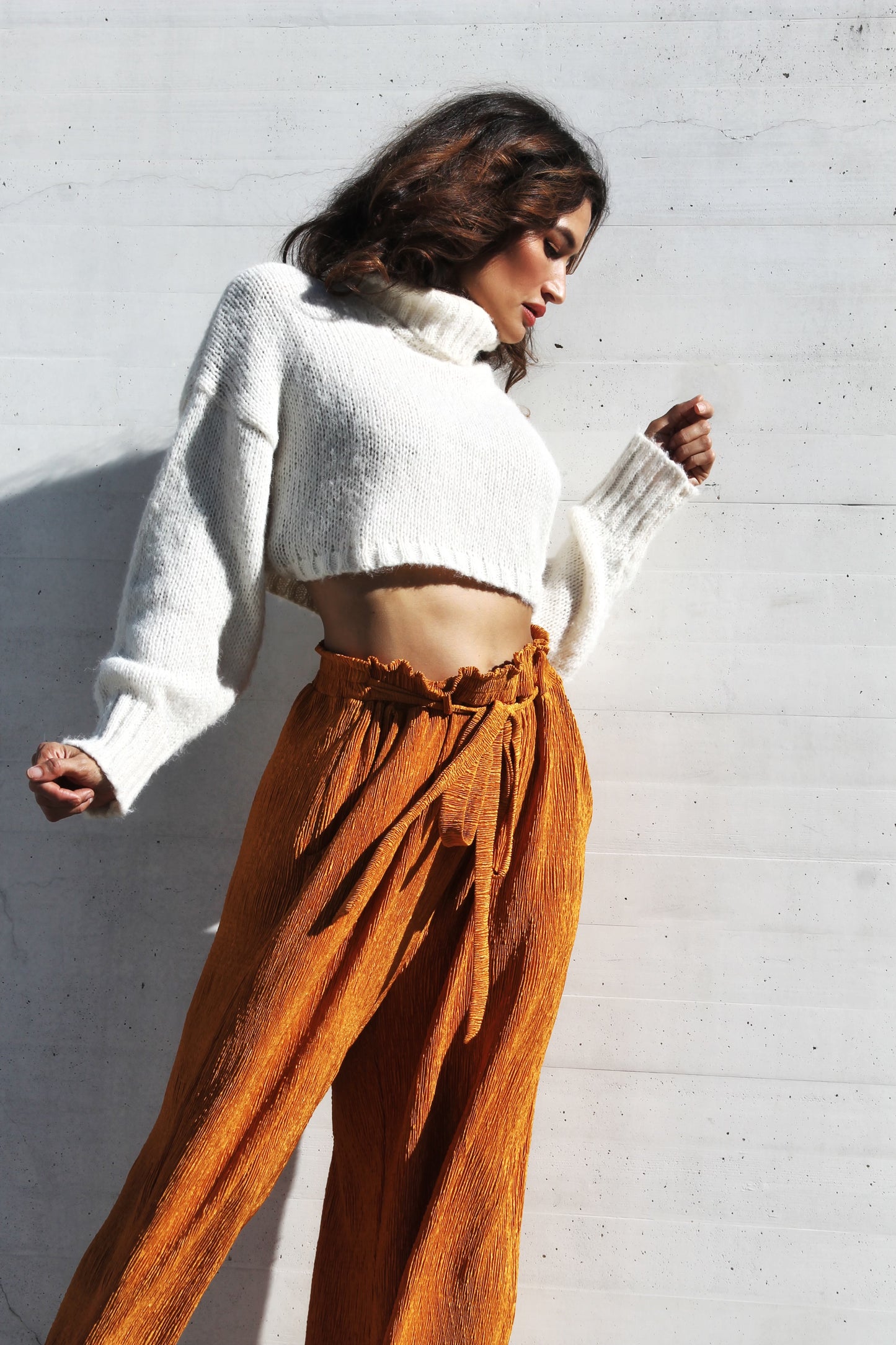 INNER LIGHT wide leg + high waist pants, large >>amber glow