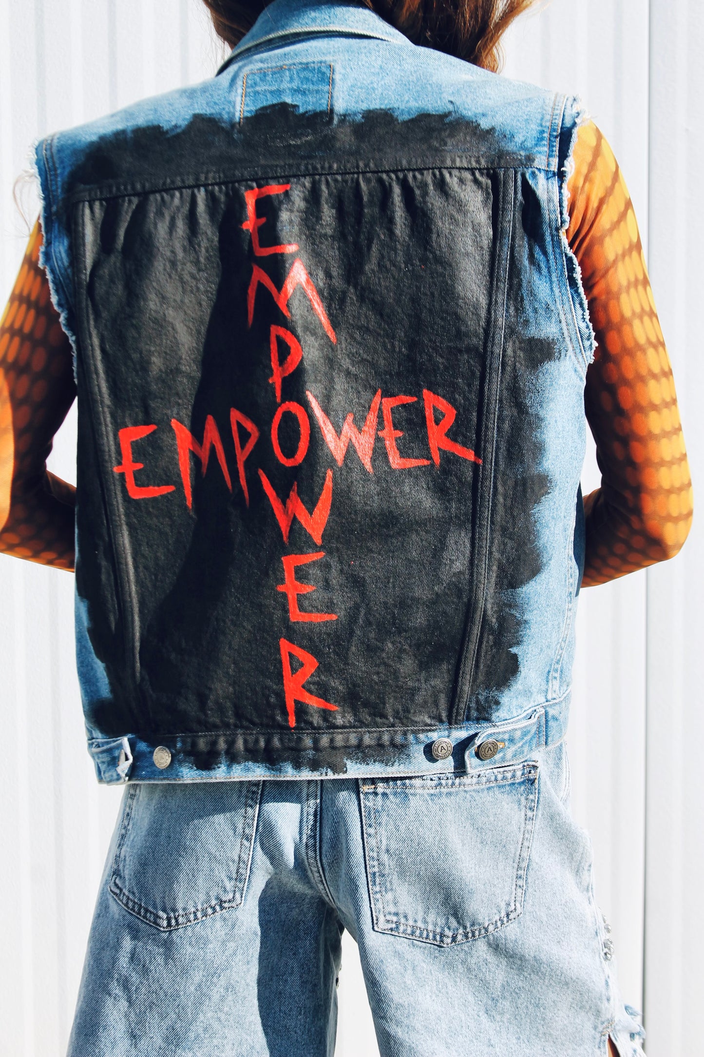 EMPOWER hand painted denim vest, large *FOXY FABLE ORIGINAL + FOXY FAVE + VINTAGE >> medium wash