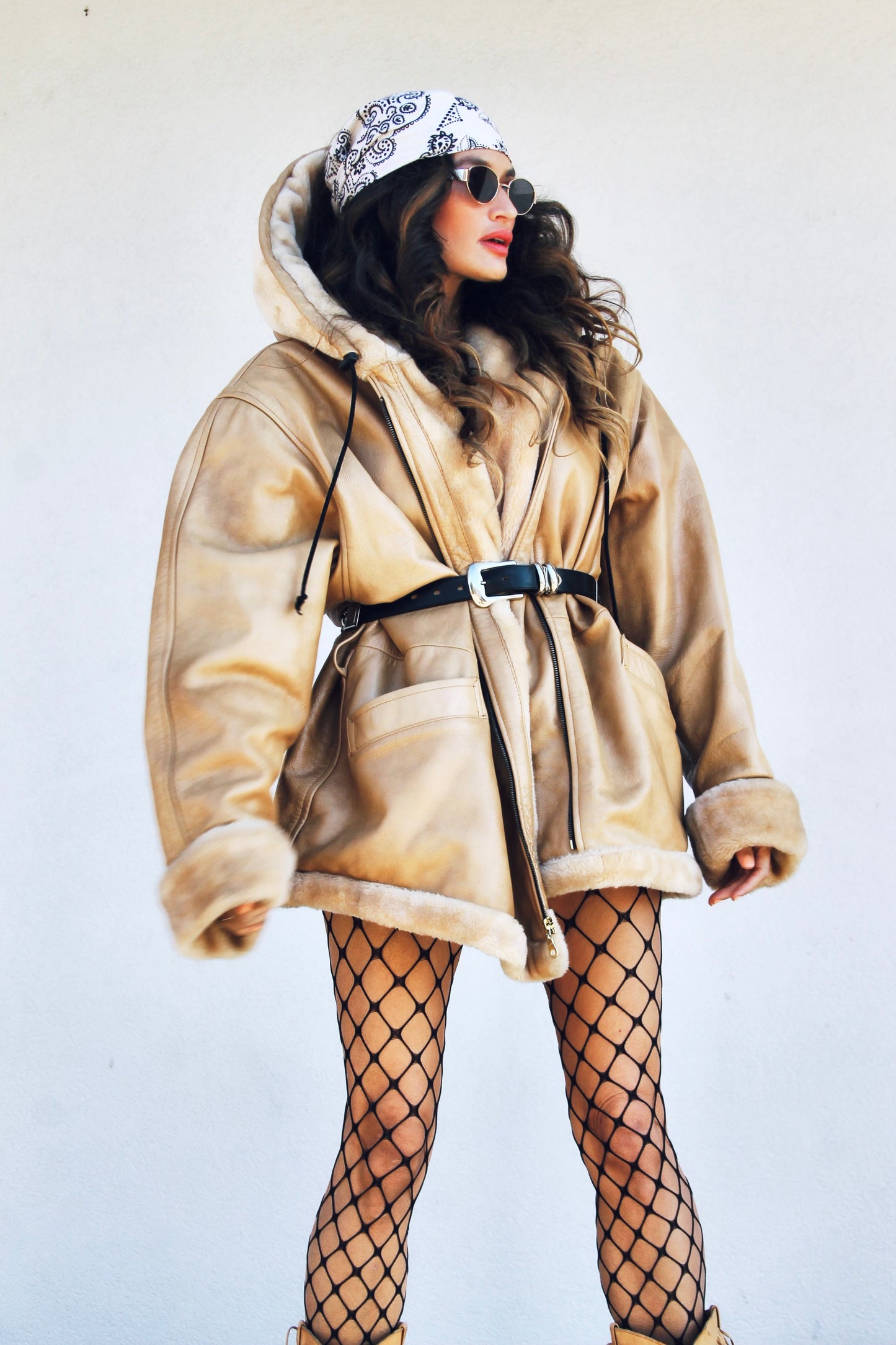 HONEY HUSTLER oversized + hooded leather jacket, 3XL *VINTAGE + 100% GENUINE LEATHER* >> tan